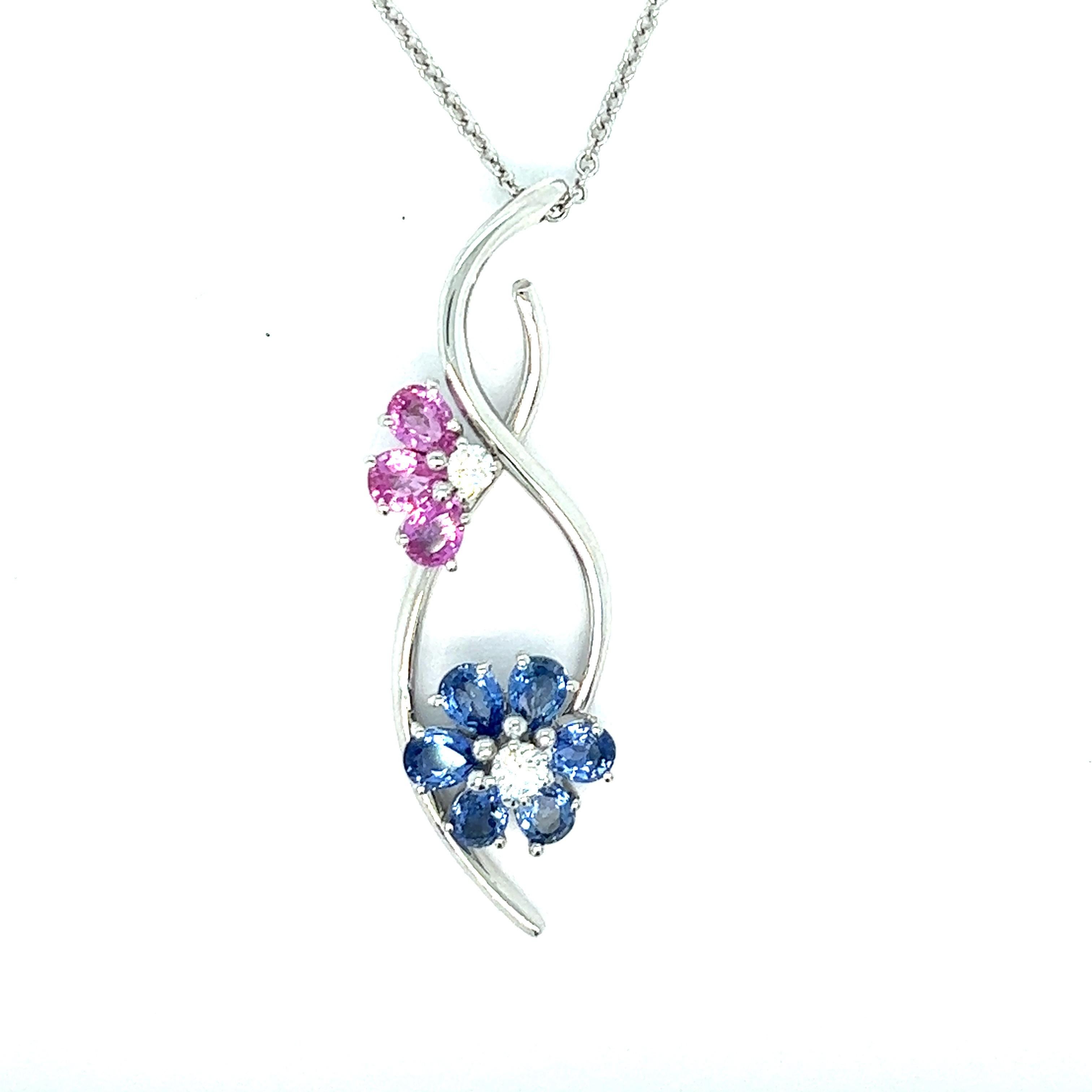 Blue and pink sapphire flower pendant necklace

Pear-shaped blue and pink sapphires of approximately 2 carats, 18 karat white gold, flower motif; chain marked 750, Leo Pizzo

Size: pendant width 0.5 inch, length 1.5 inches; chain length 16.5