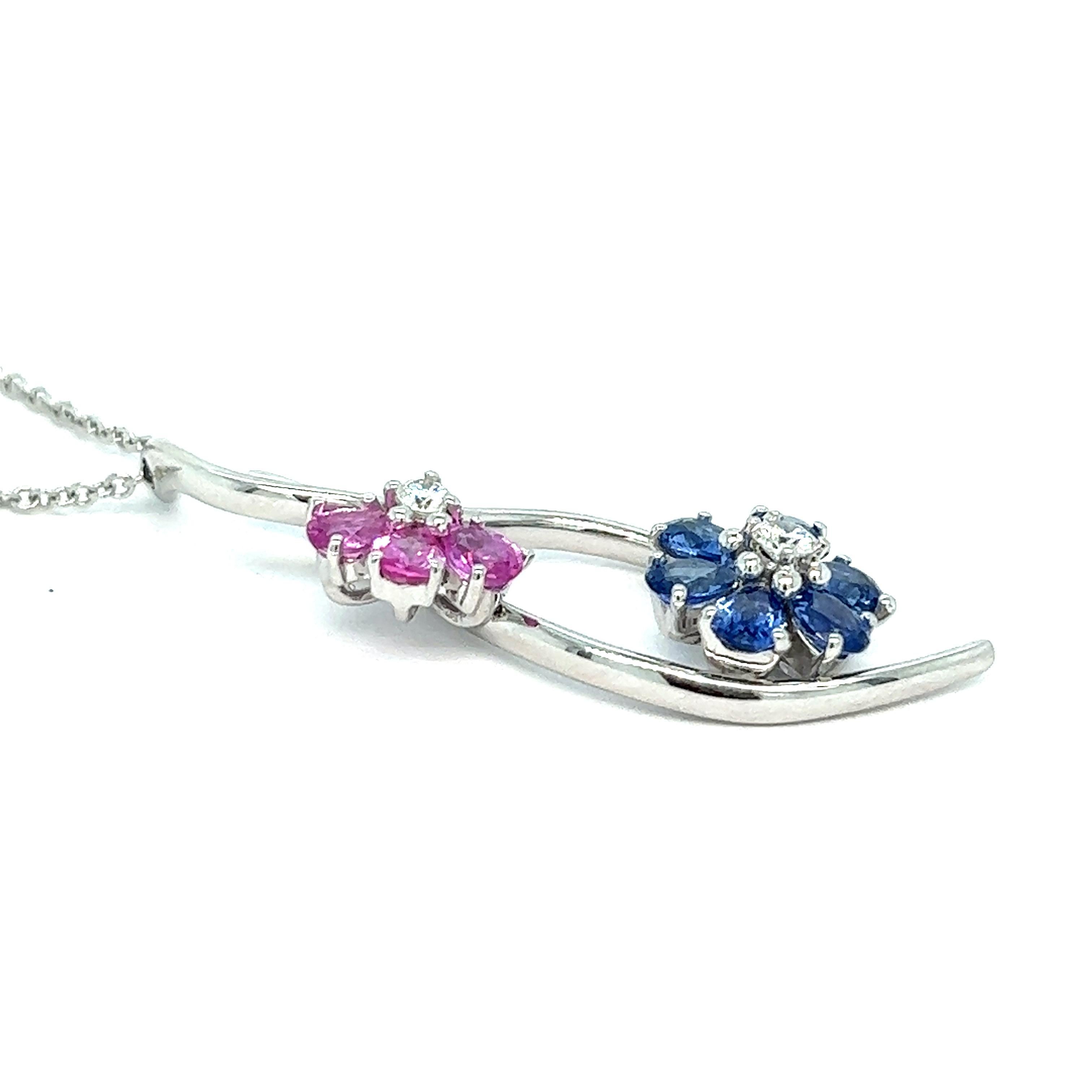 Pear Cut Blue & Pink Sapphire Flower Pendant Necklace For Sale