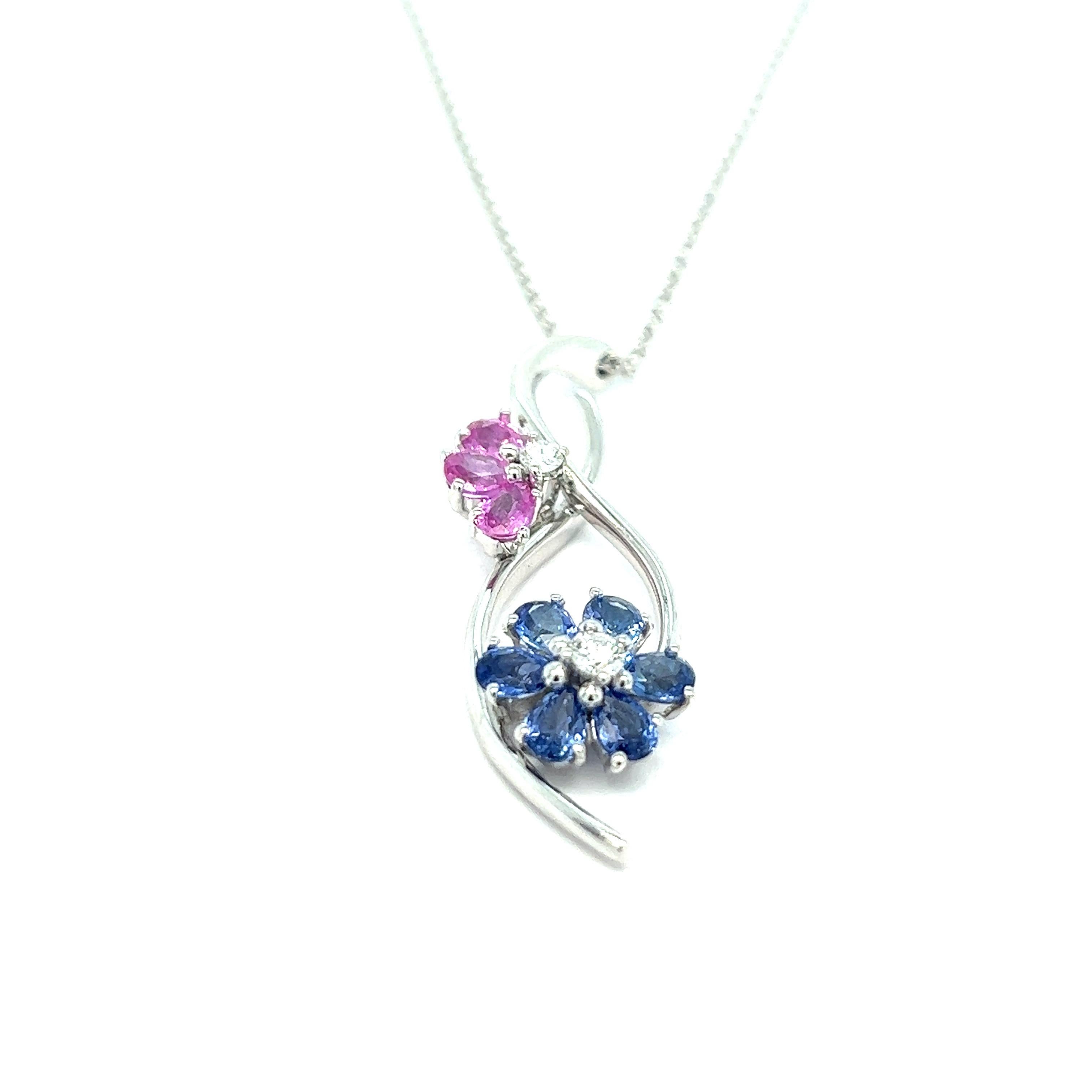 Blue & Pink Sapphire Flower Pendant Necklace In Excellent Condition For Sale In New York, NY