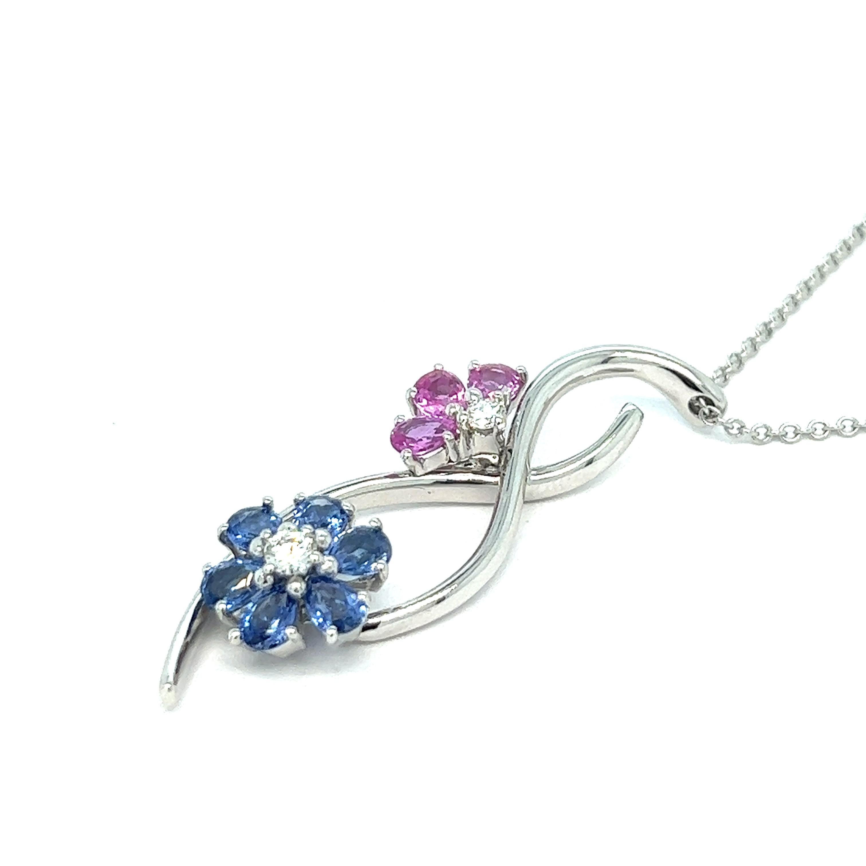Women's Blue & Pink Sapphire Flower Pendant Necklace For Sale