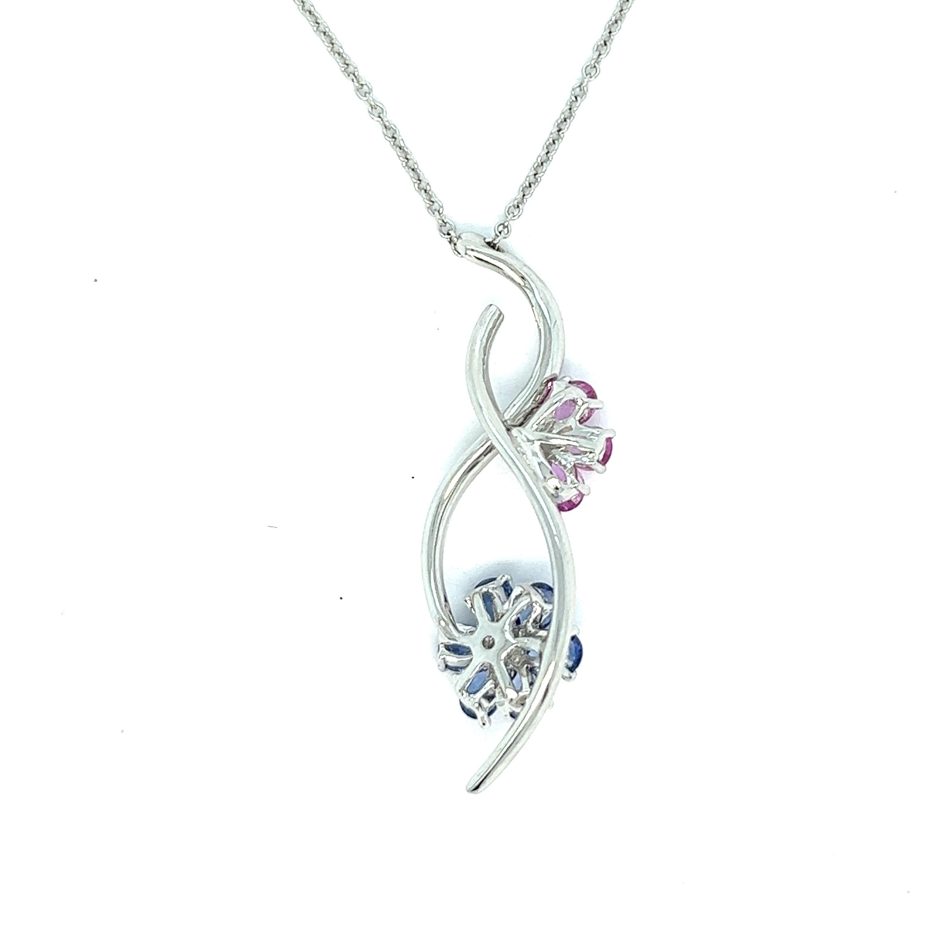 Blue & Pink Sapphire Flower Pendant Necklace For Sale 1