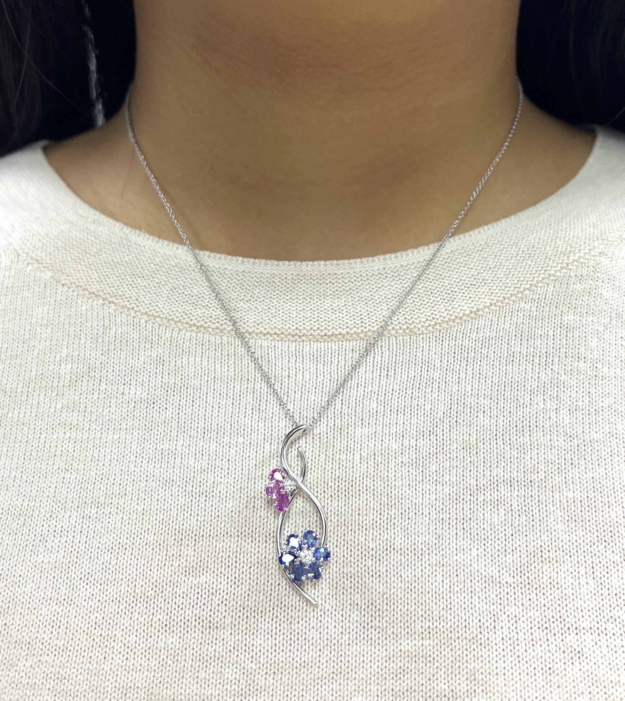 Blue & Pink Sapphire Flower Pendant Necklace For Sale 2