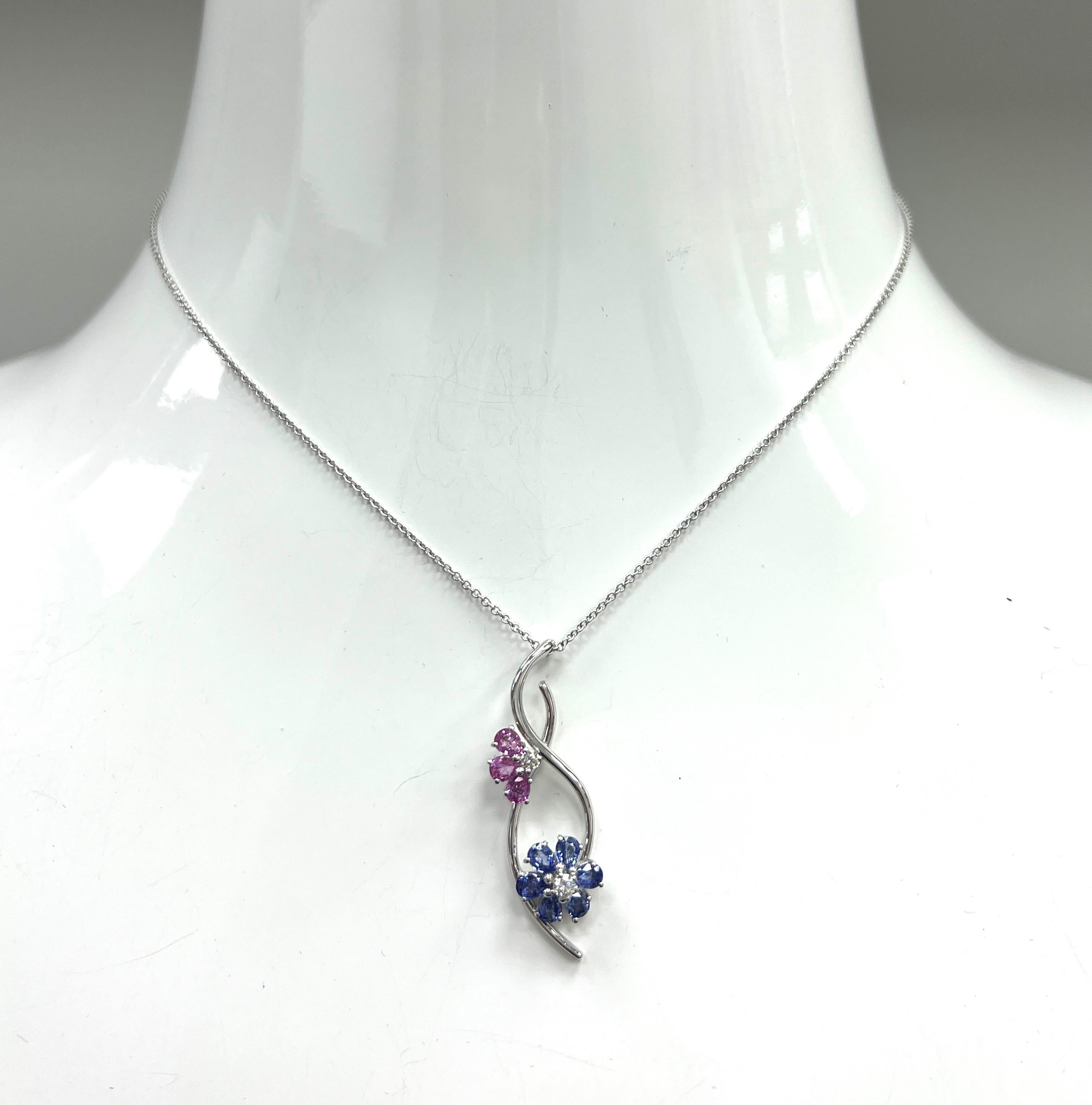 Blue & Pink Sapphire Flower Pendant Necklace For Sale 3