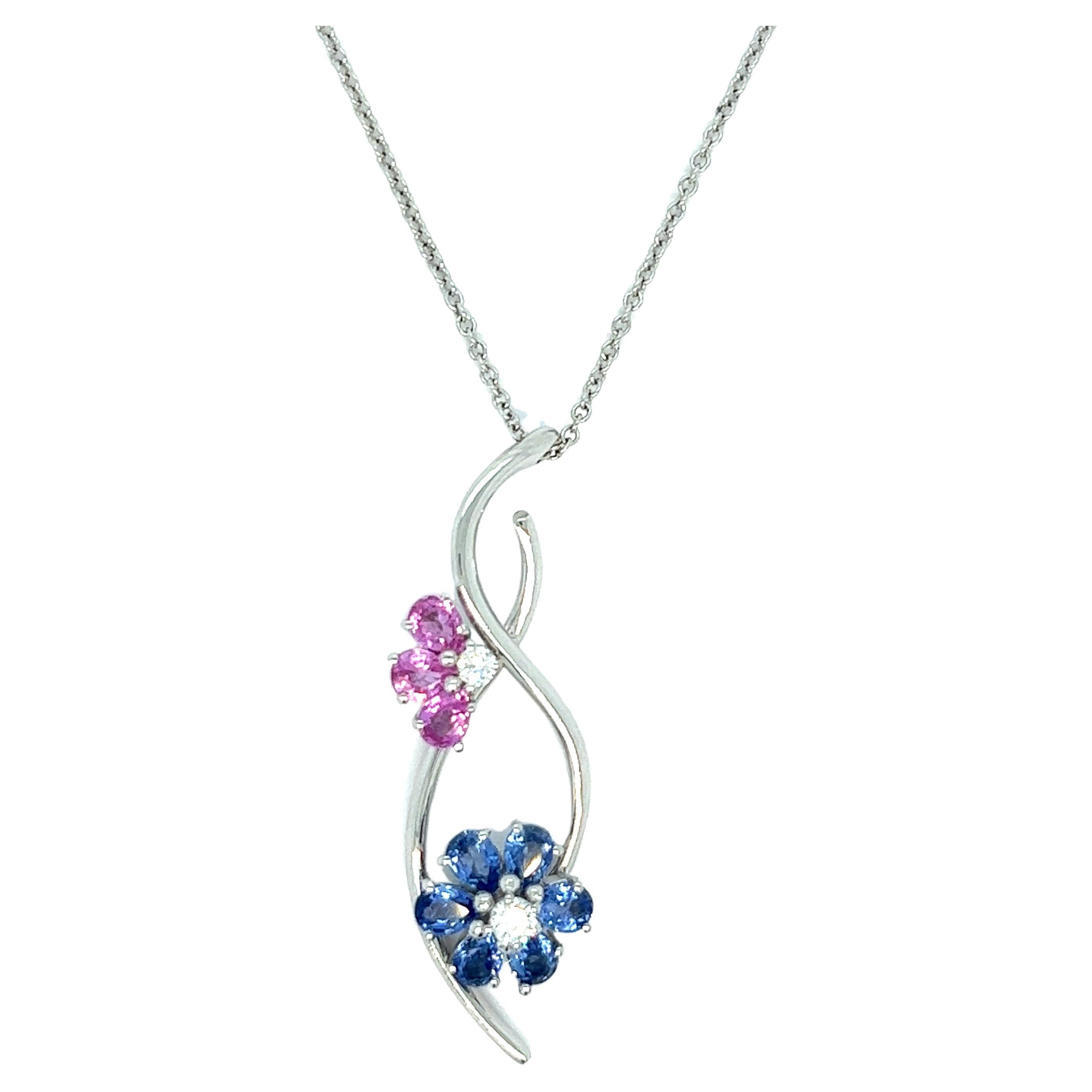 Blue & Pink Sapphire Flower Pendant Necklace For Sale