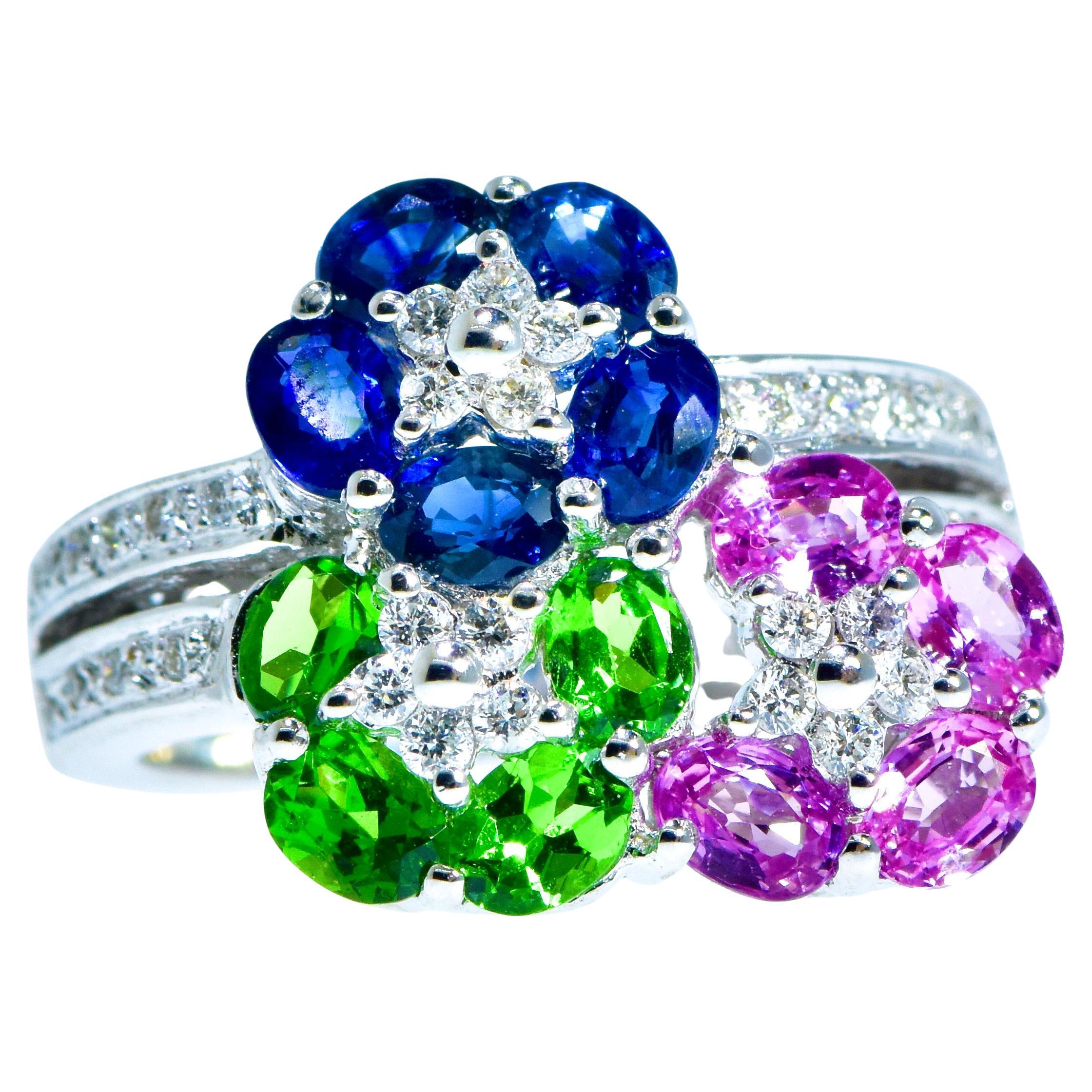 Brilliant Cut Blue & Pink Sapphire, Tsavorite & White Diamond Fine White Gold Ring by LeVian For Sale