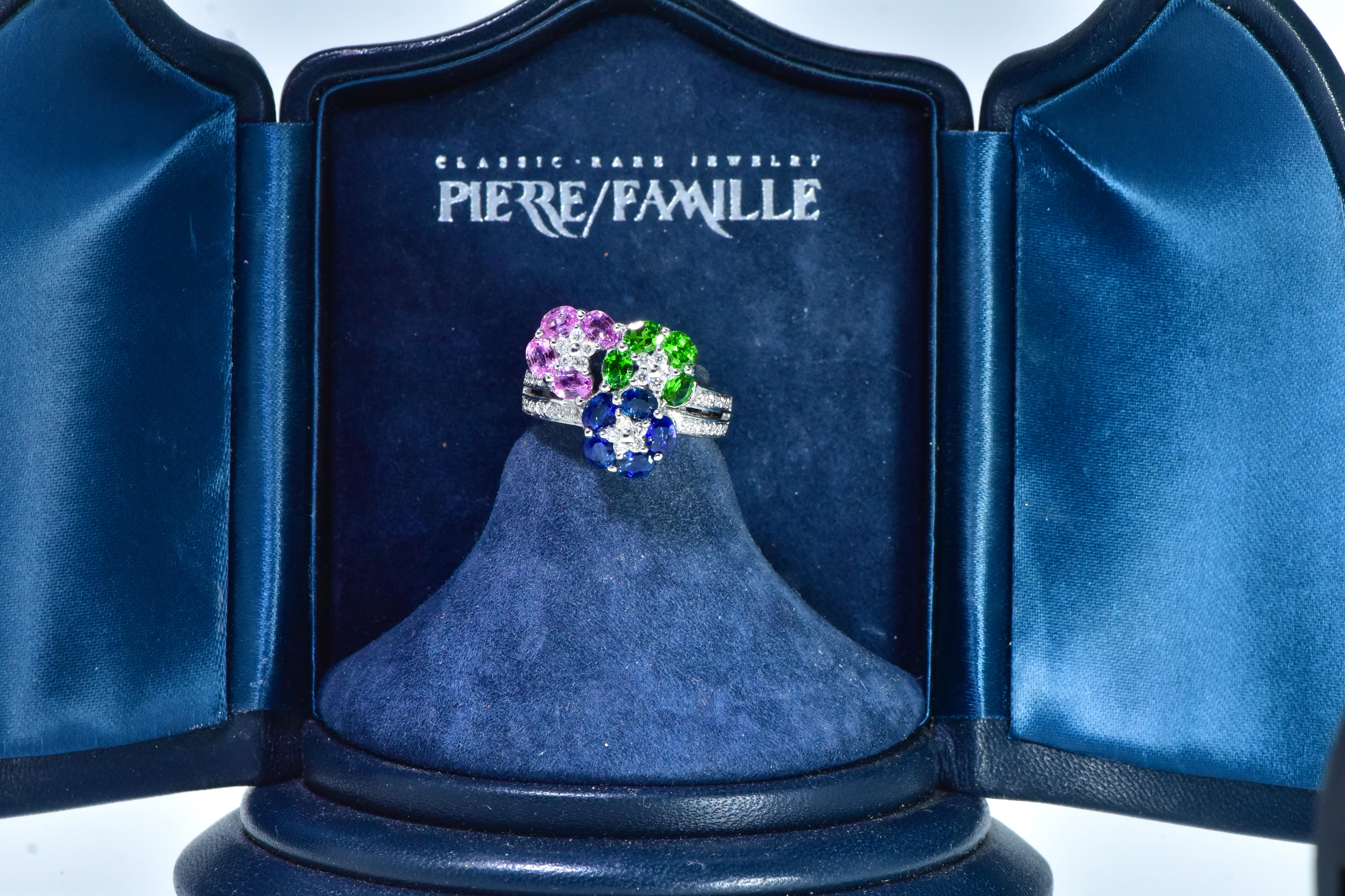 Blue & Pink Sapphire, Tsavorite & White Diamond Fine White Gold Ring by LeVian For Sale 1