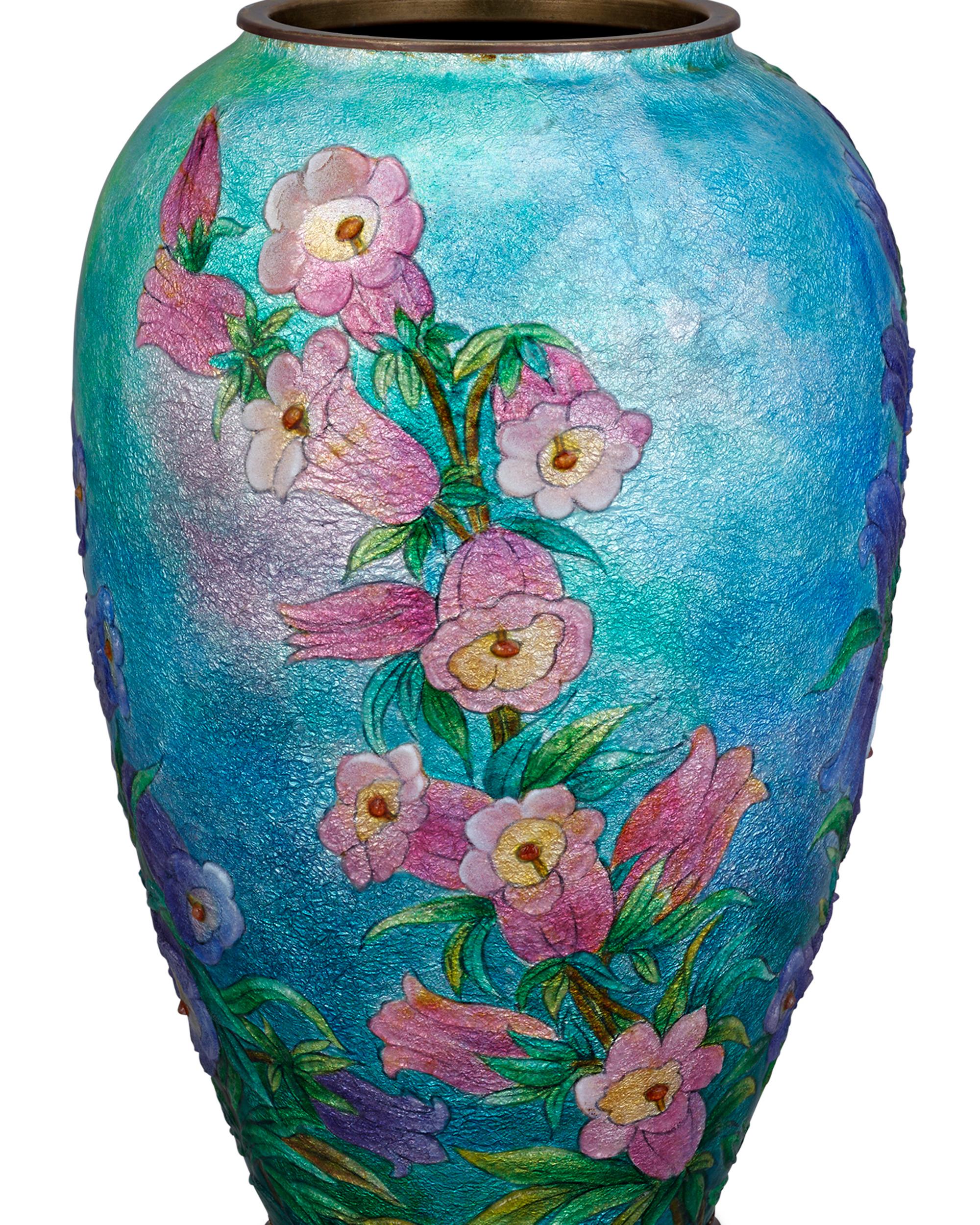 Art Deco Blue & Pink Snapdragons Vase with Cover by Camille Fauré For Sale