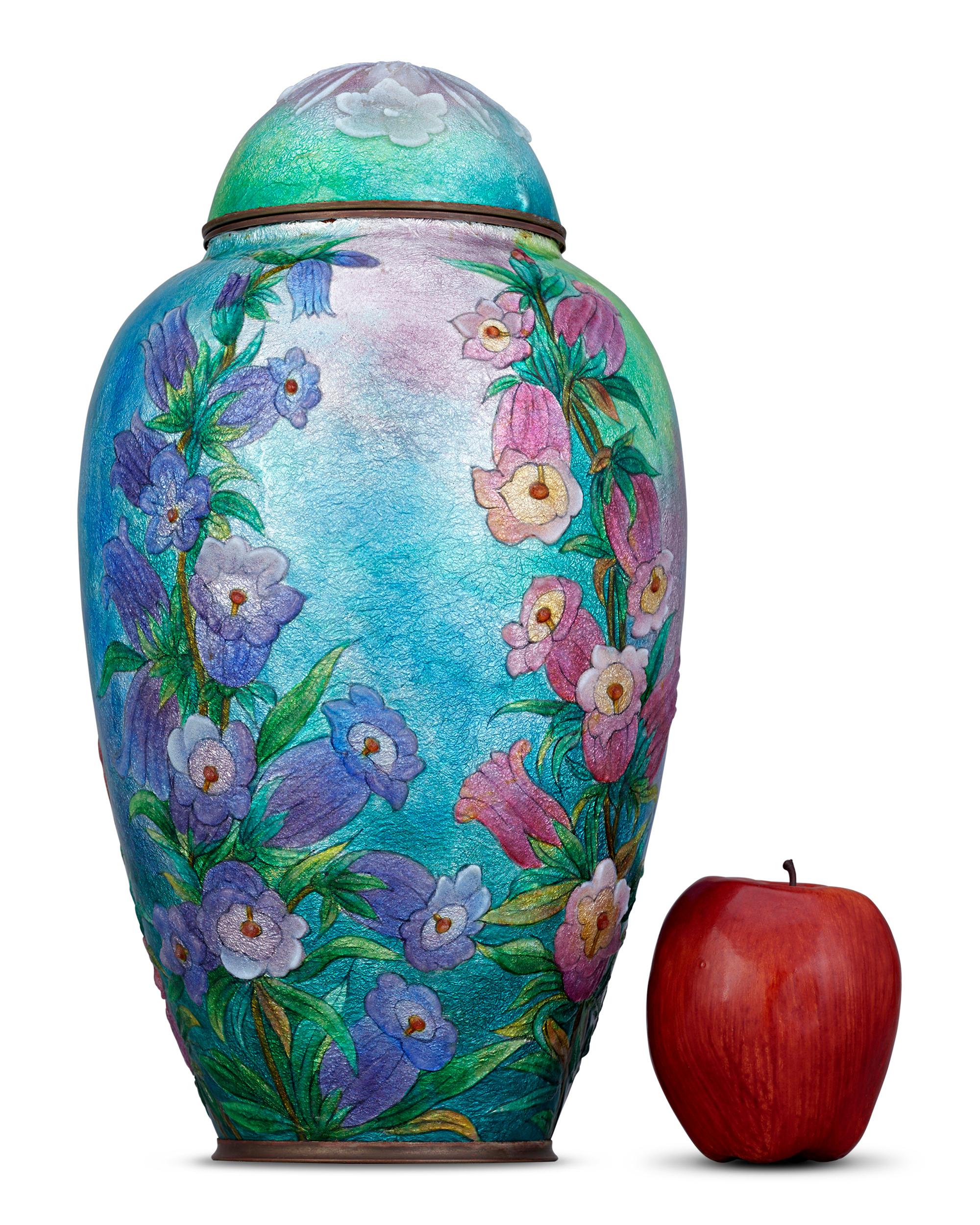 Etched Blue & Pink Snapdragons Vase with Cover by Camille Fauré For Sale