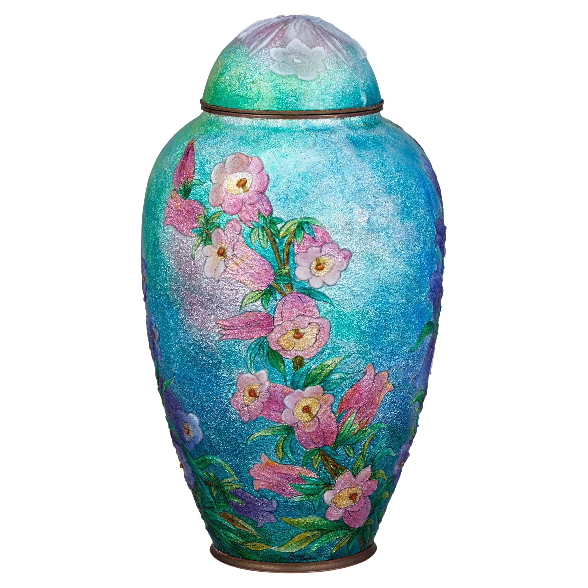 Blue & Pink Snapdragons Vase with Cover by Camille Fauré For Sale