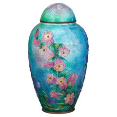Vintage Blue & Pink Snapdragons Vase with Cover by Camille Fauré