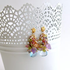 Blue/Pink Topaz, Amethyst, Lemon/Cherry Quartz, Peridot, Iolite Cluster Earrings