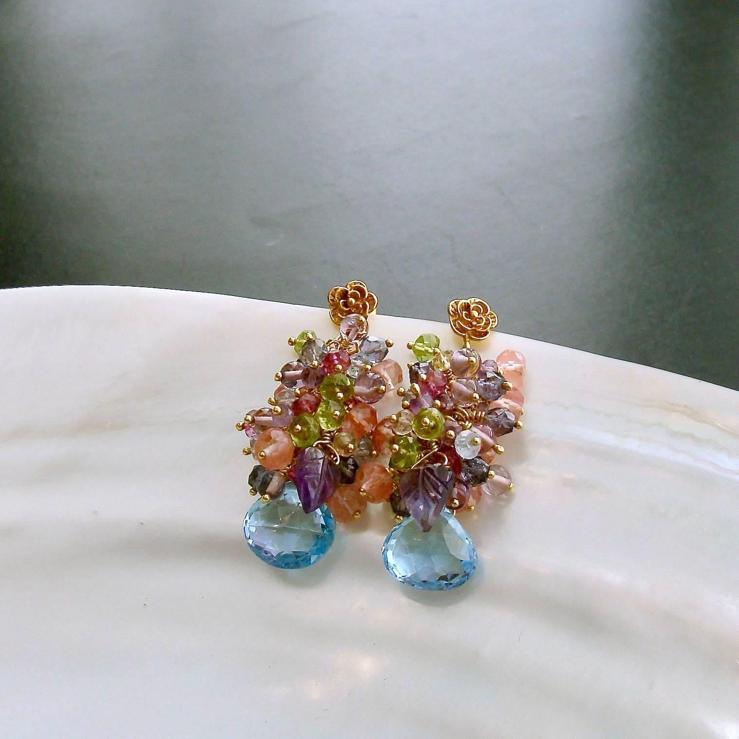 Blue/Pink Topaz, Amethyst, Lemon/Cherry Quartz, Peridot Iolite Cluster Earrings In New Condition In Colleyville, TX
