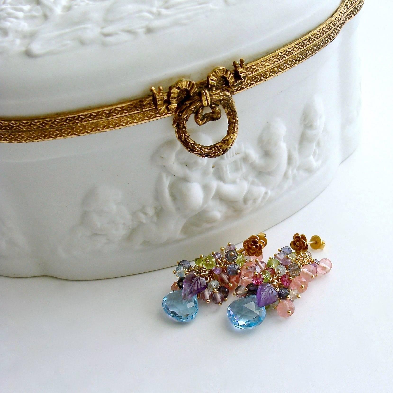 Women's Blue/Pink Topaz, Amethyst, Lemon/Cherry Quartz, Peridot Iolite Cluster Earrings