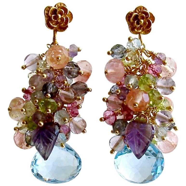 Blue/Pink Topaz, Amethyst, Lemon/Cherry Quartz, Peridot Iolite Cluster Earrings