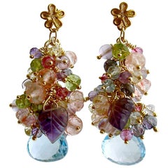Blue/Pink Topaz, Amethyst, Lemon/Cherry Quartz, Peridot, Iolite Cluster Earrings