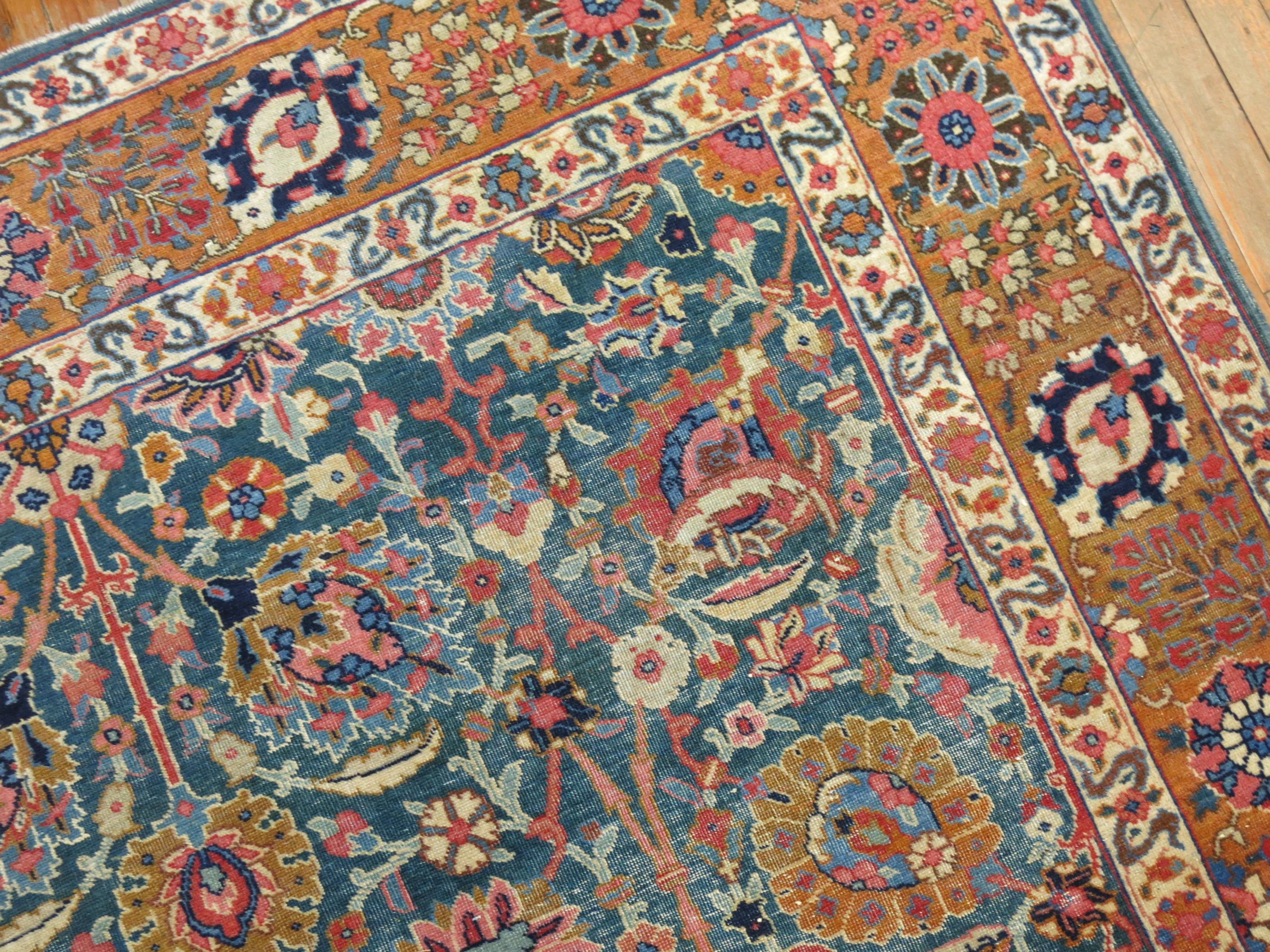 Hand-Woven Blue Pink Traditional Persian Tabriz Rug