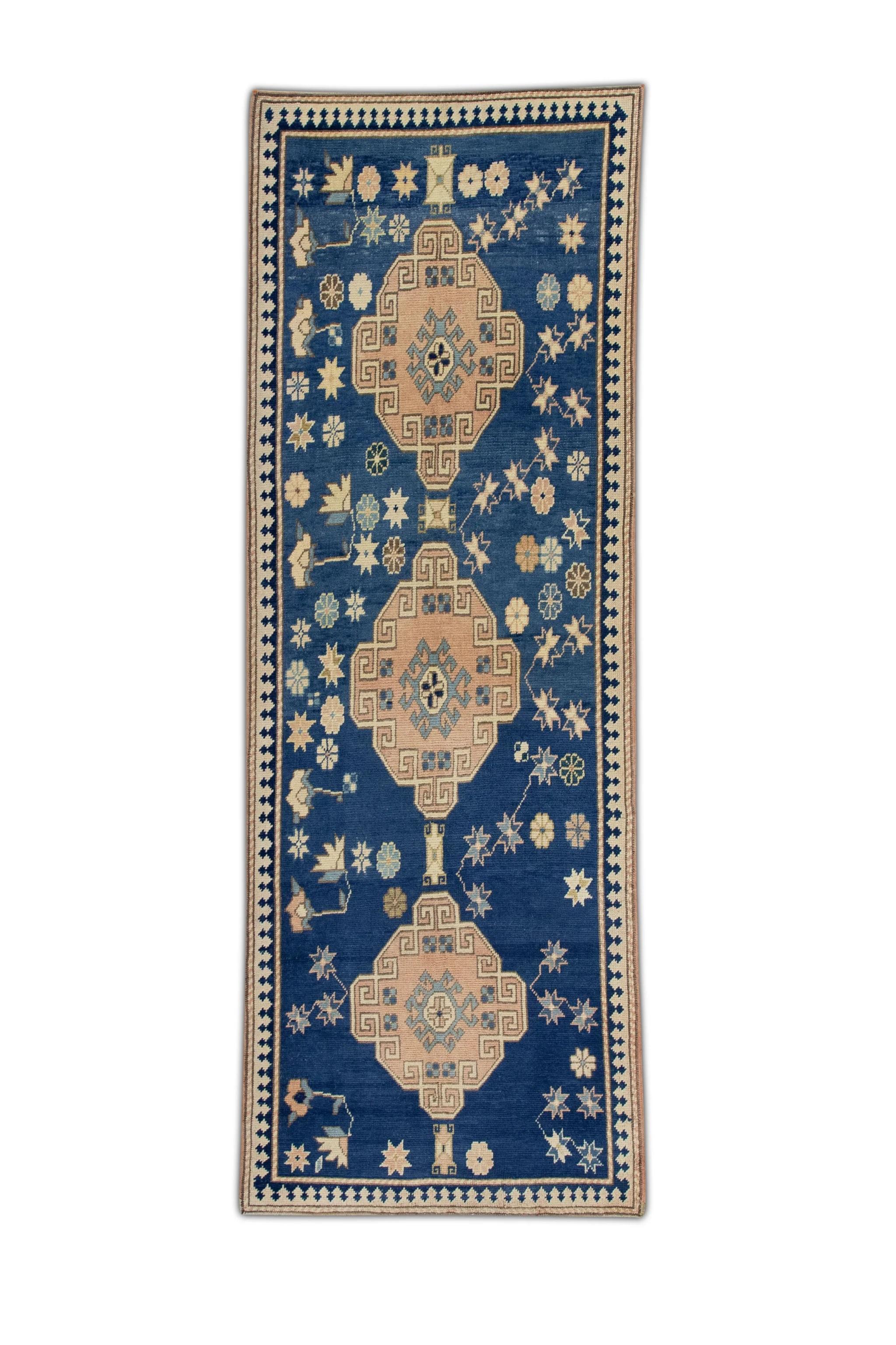 Mid-20th Century Blue & Pink Vintage Turkish Runner 3'7