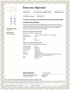 Ceylon Multi Color Sapphire Diamond 10.45 Carat 1.75 Long Hoop Gold Earrings