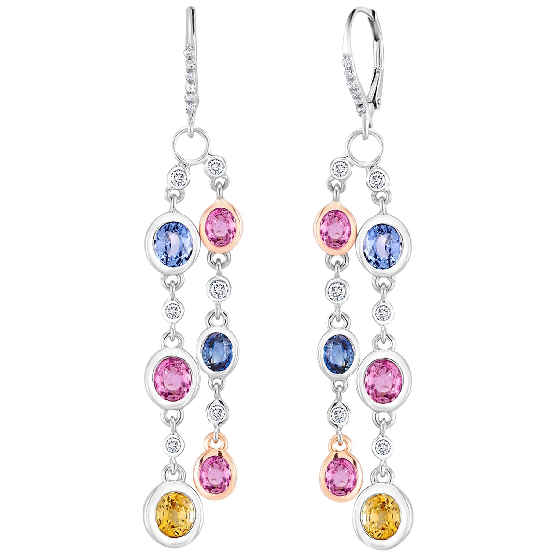 Contemporary Ceylon Multi Color Sapphire Diamond 10.45 Carat 1.75 Long Hoop Gold Earrings