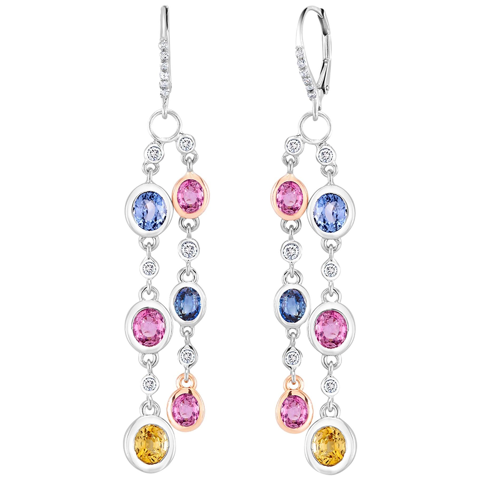 Contemporary  Ceylon Multi Color Sapphire Diamond 10.45 Carat 1.75 Long Hoop Gold Earrings For Sale