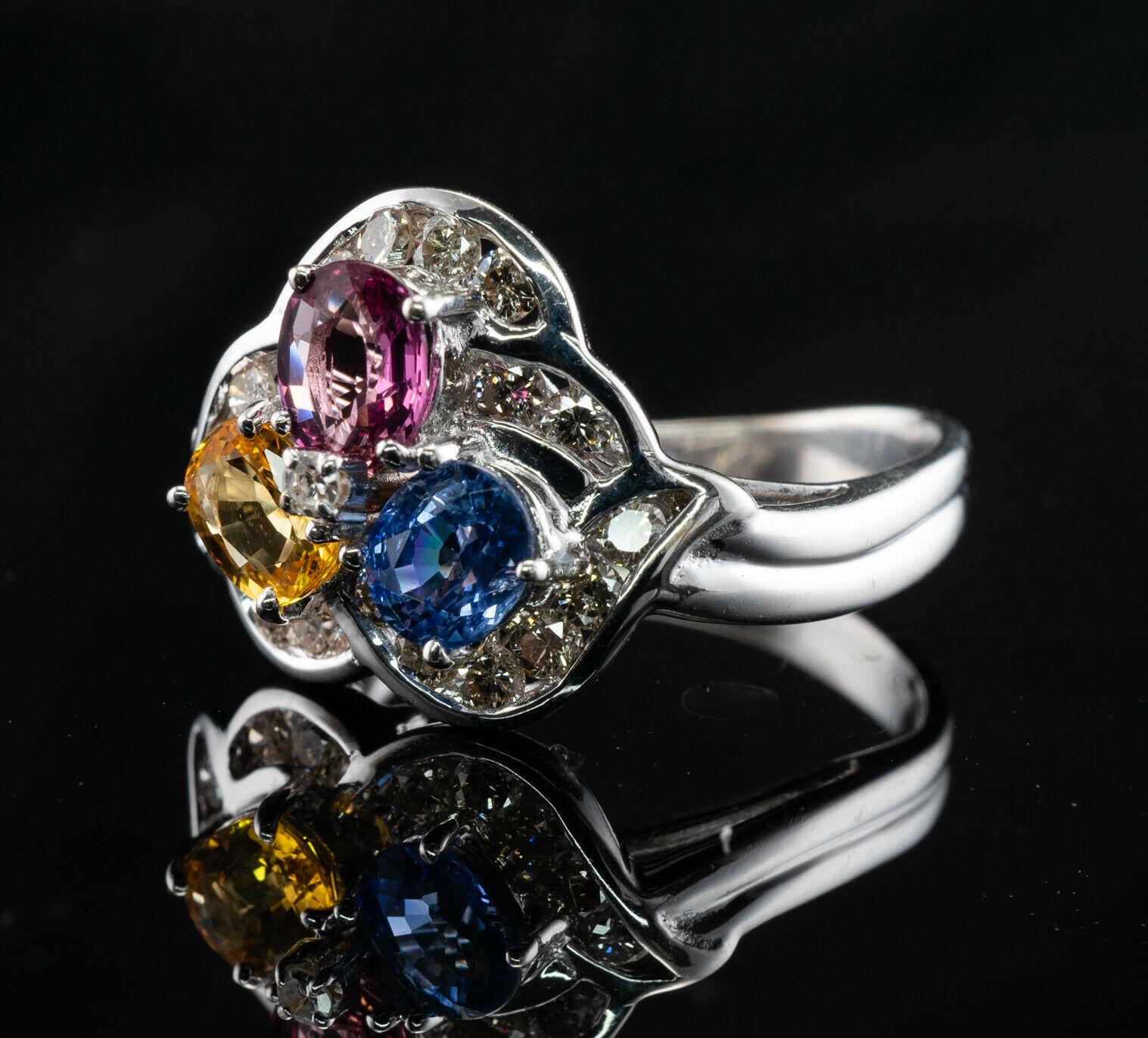 Blue Pink Yellow Sapphire Diamond Ring 14K Gold Three stones For Sale 5