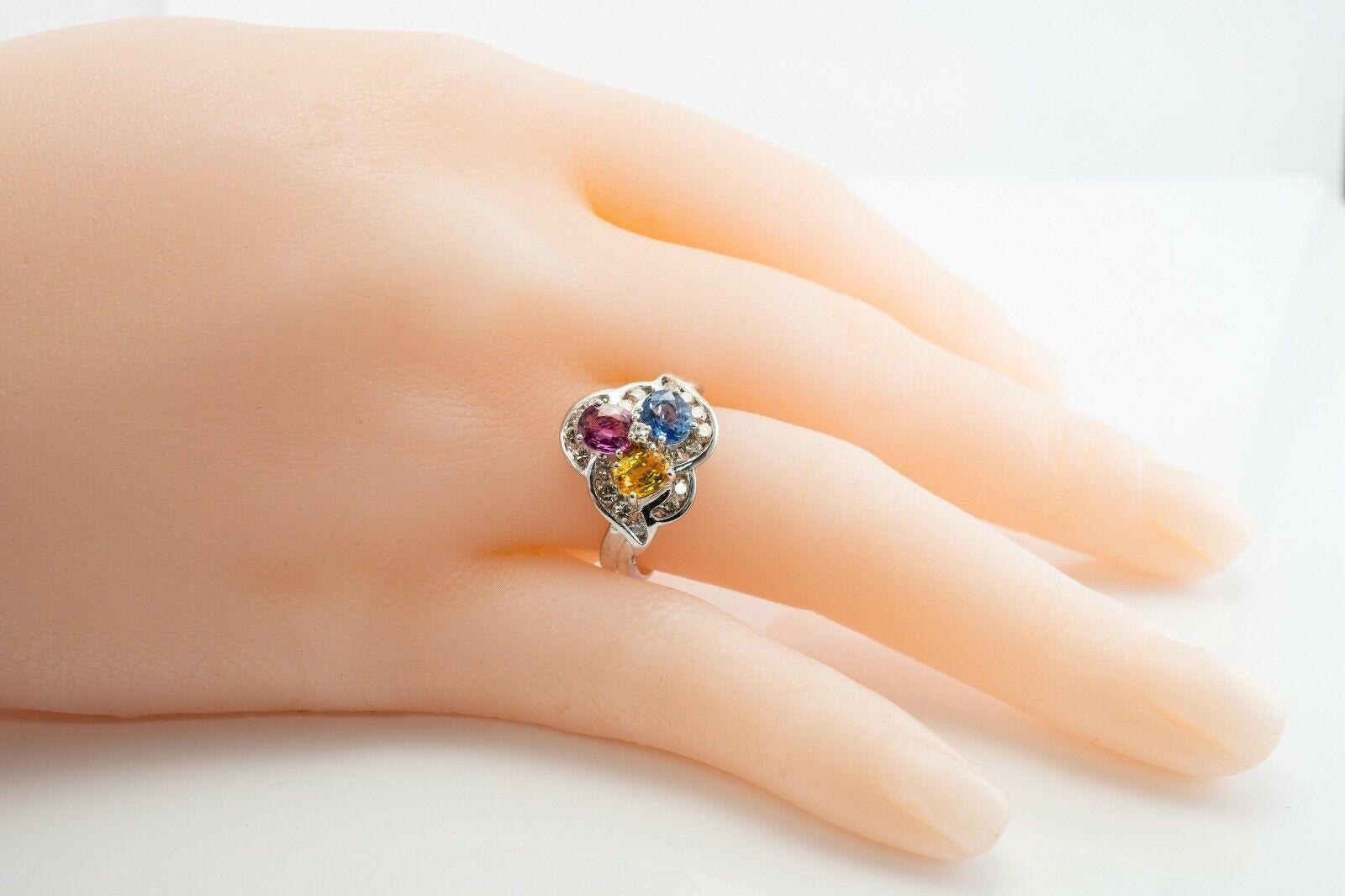 Blue Pink Yellow Sapphire Diamond Ring 14K Gold Three stones For Sale 6