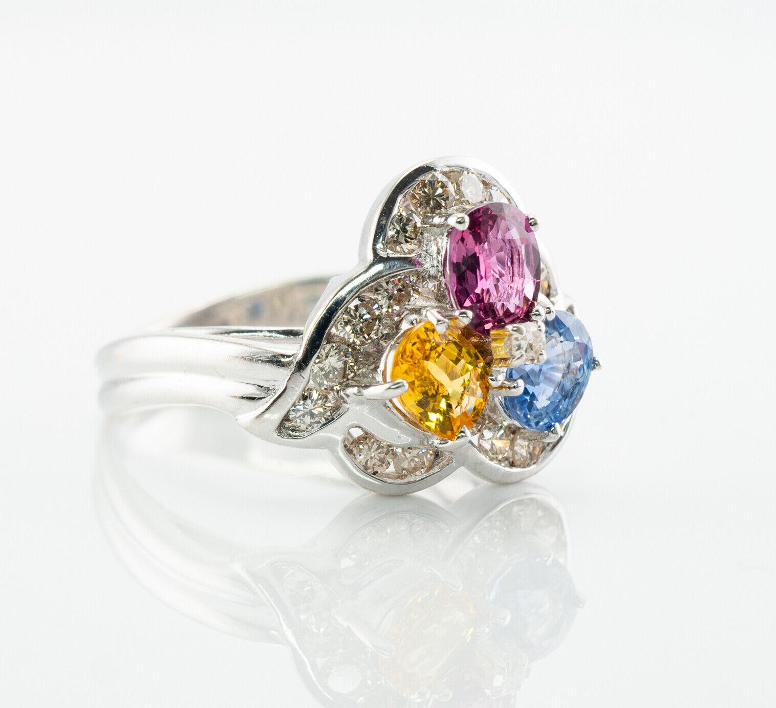 Oval Cut Blue Pink Yellow Sapphire Diamond Ring 14K Gold Three stones For Sale