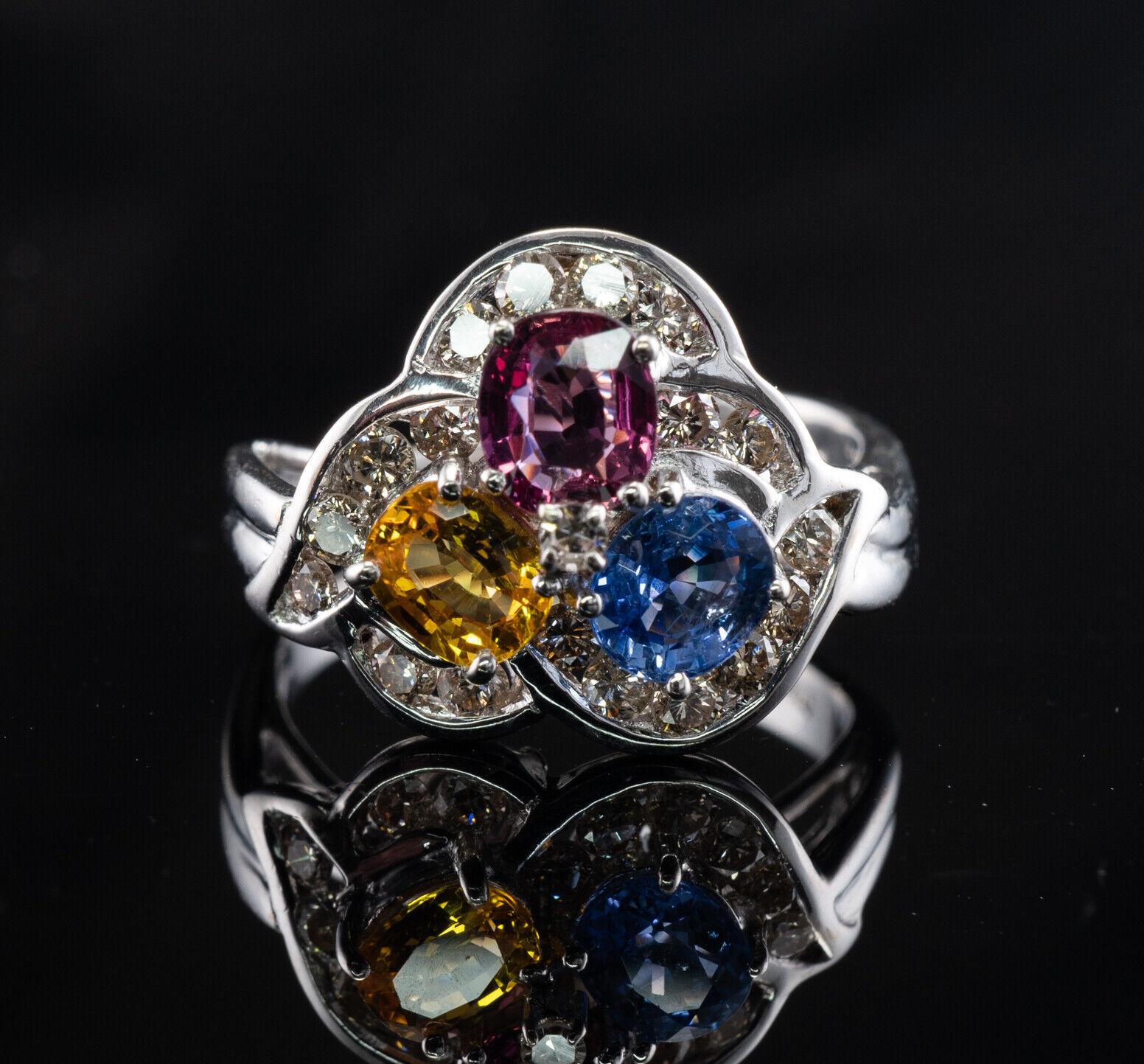 Women's Blue Pink Yellow Sapphire Diamond Ring 14K Gold Three stones For Sale