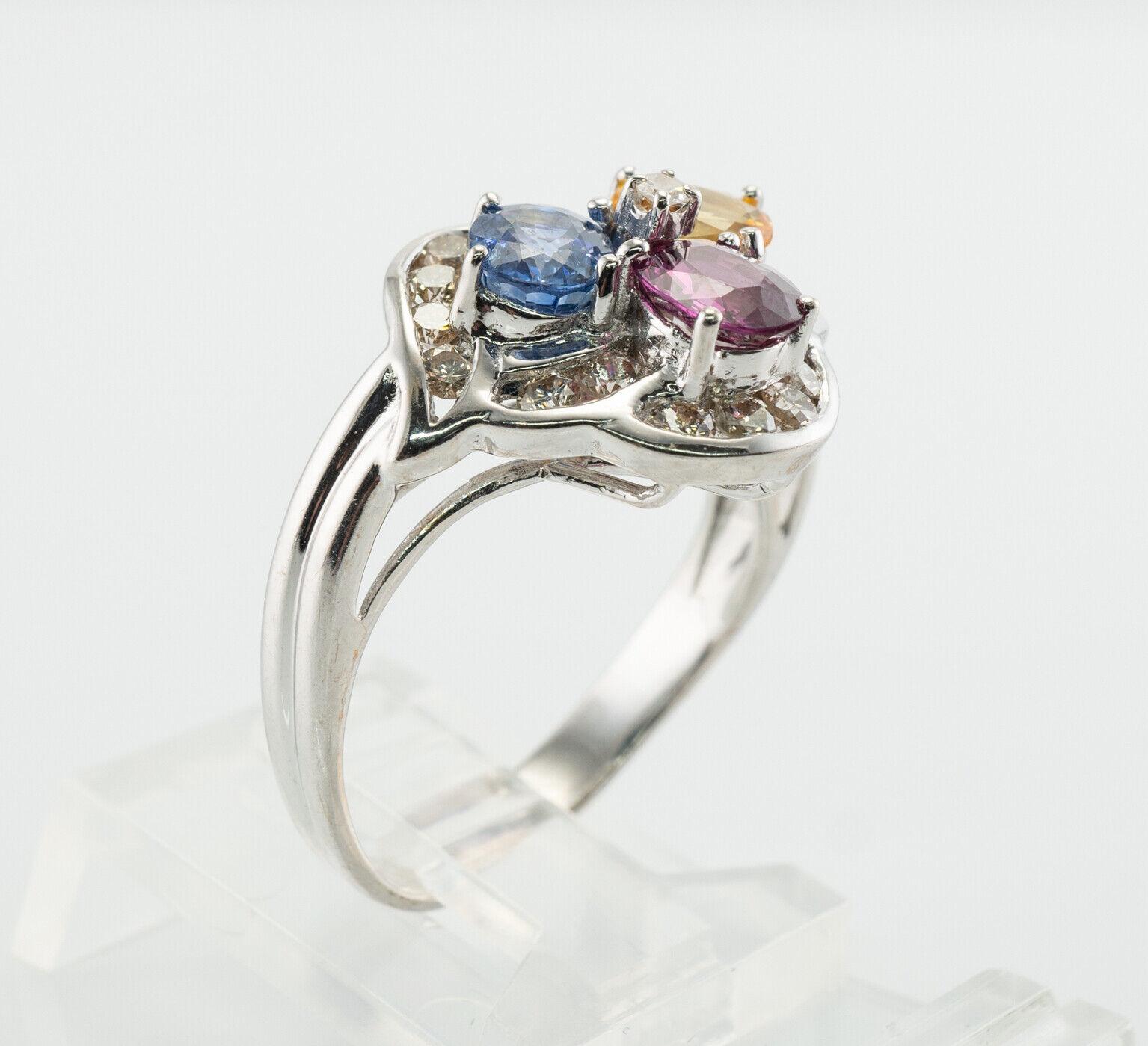 Blue Pink Yellow Sapphire Diamond Ring 14K Gold Three stones For Sale 2