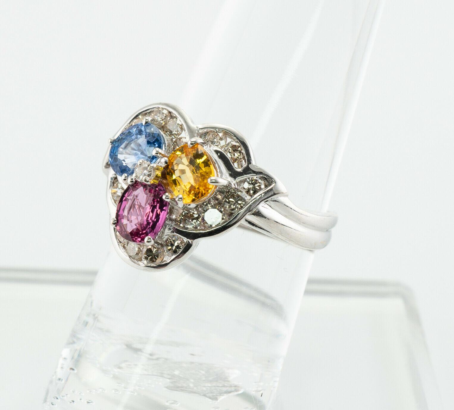 Blue Pink Yellow Sapphire Diamond Ring 14K Gold Three stones For Sale 3