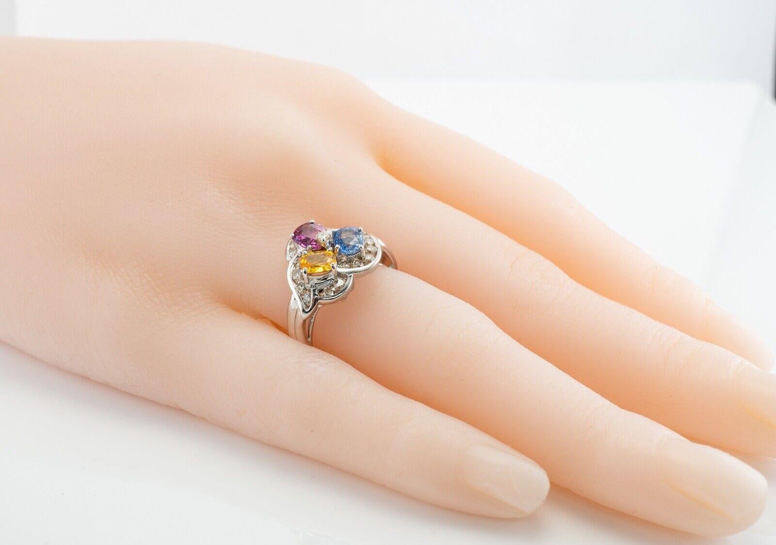 Blue Pink Yellow Sapphire Diamond Ring 14K Gold Three stones For Sale 4