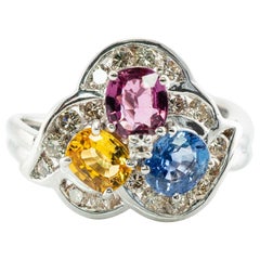 Azul Rosa Amarillo Zafiro Diamante Anillo Oro 14K Tres piedras