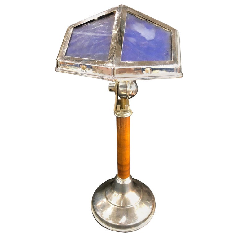 Blue Pirouette Table Lamp with Wooden Shaft, France, 1940s For Sale