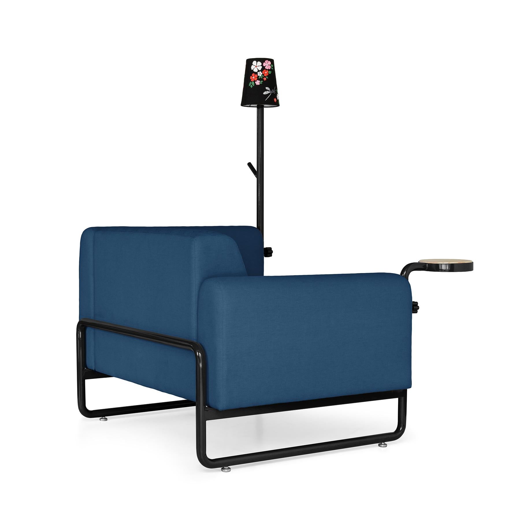 Brazilian Blue PK8 Armchair, Seat & Lamp Hybrid, Handmade Metal Structure by Paulo Kobylka For Sale
