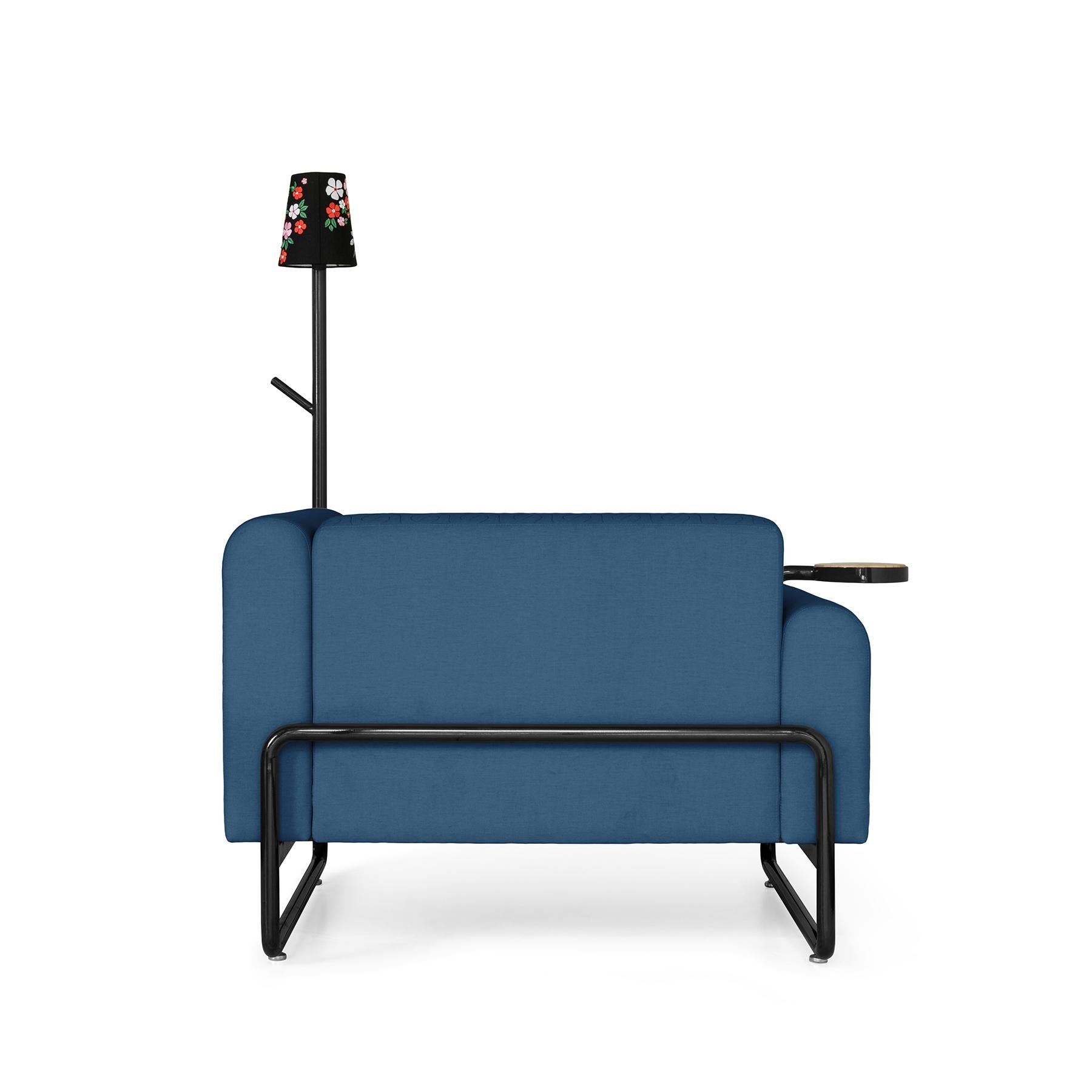 Quilted Blue PK8 Armchair, Seat & Lamp Hybrid, Handmade Metal Structure by Paulo Kobylka For Sale