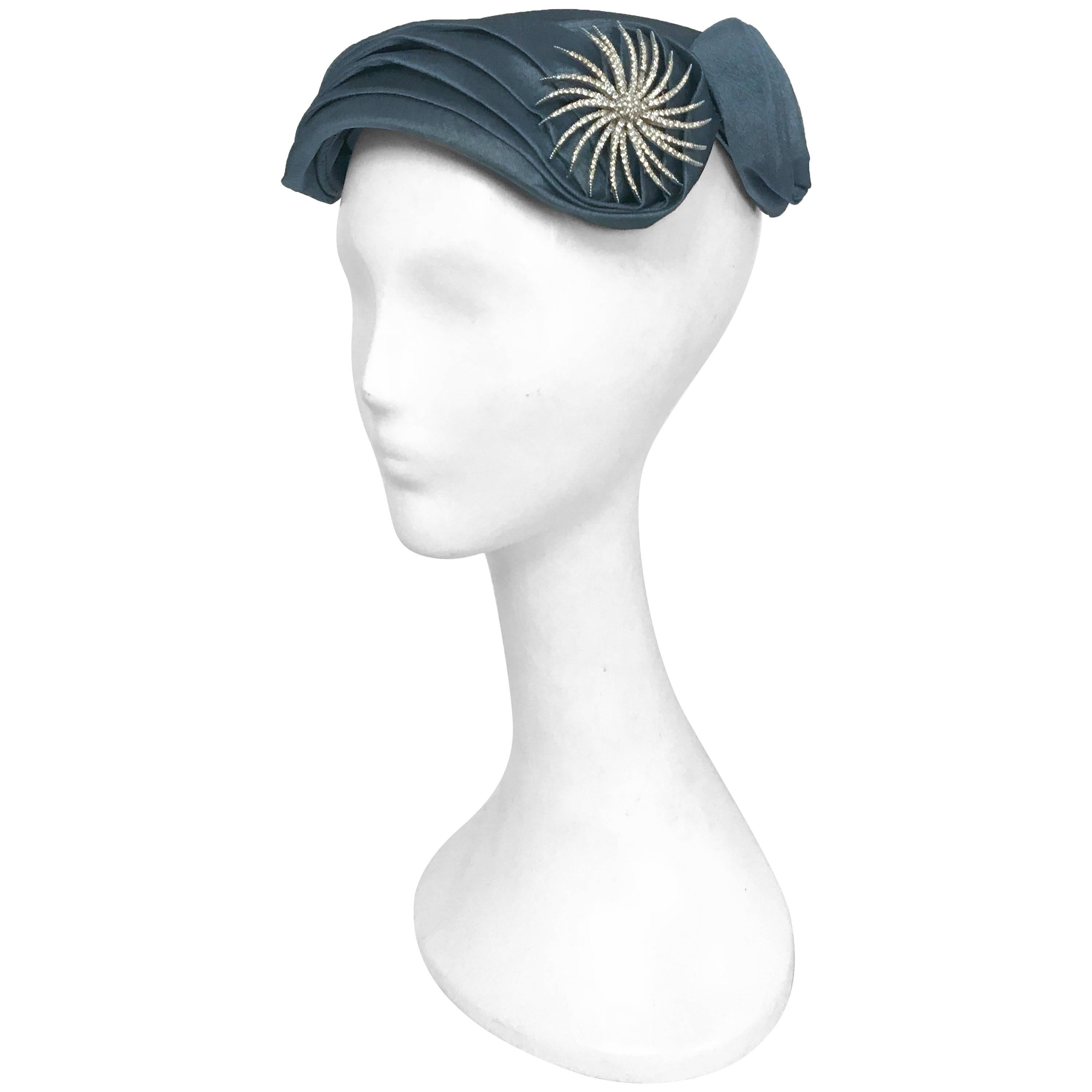 Blue Pleated Cocktail Hat with Starburst Rhinestone Brooch, 1950s