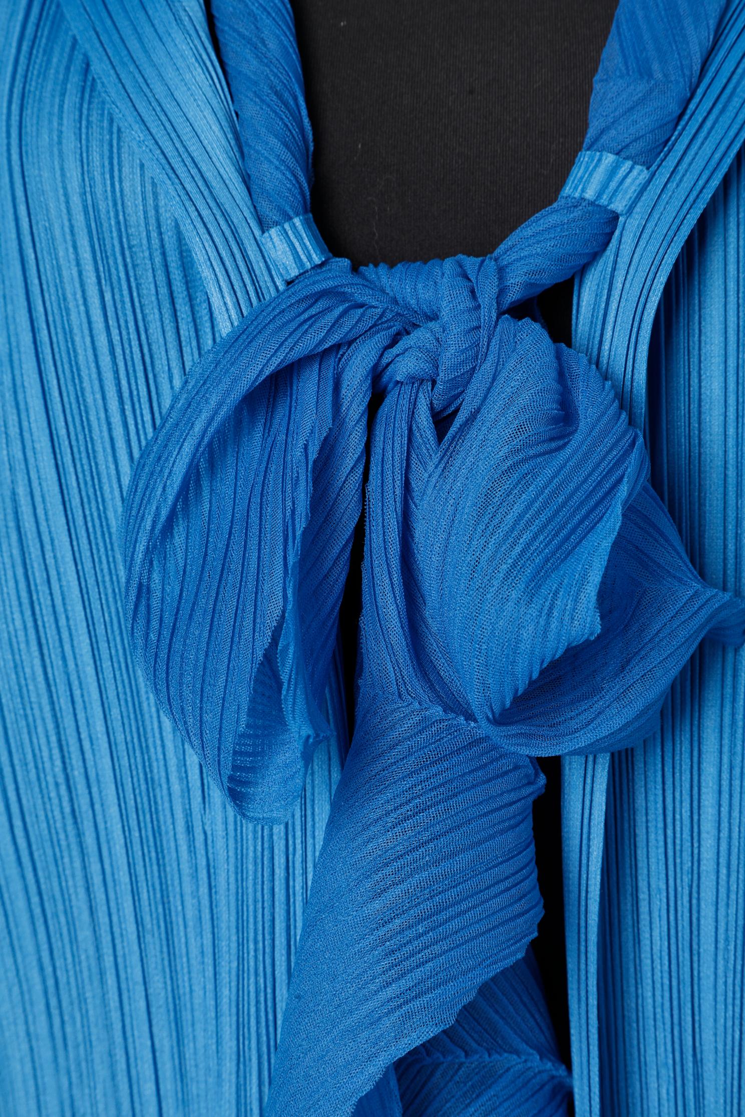 Blue pleated shirt with attached scarf Issey Miyake Pleats Please  For Sale 1