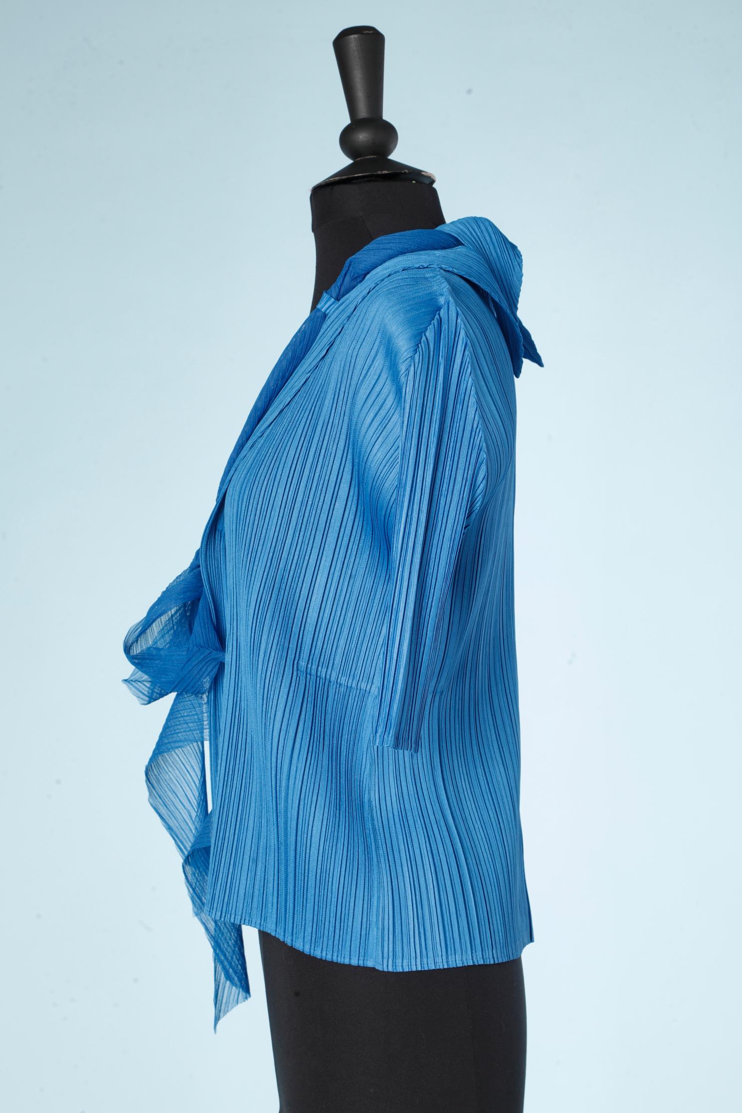 Blue pleated shirt with attached scarf Issey Miyake Pleats Please  For Sale 2