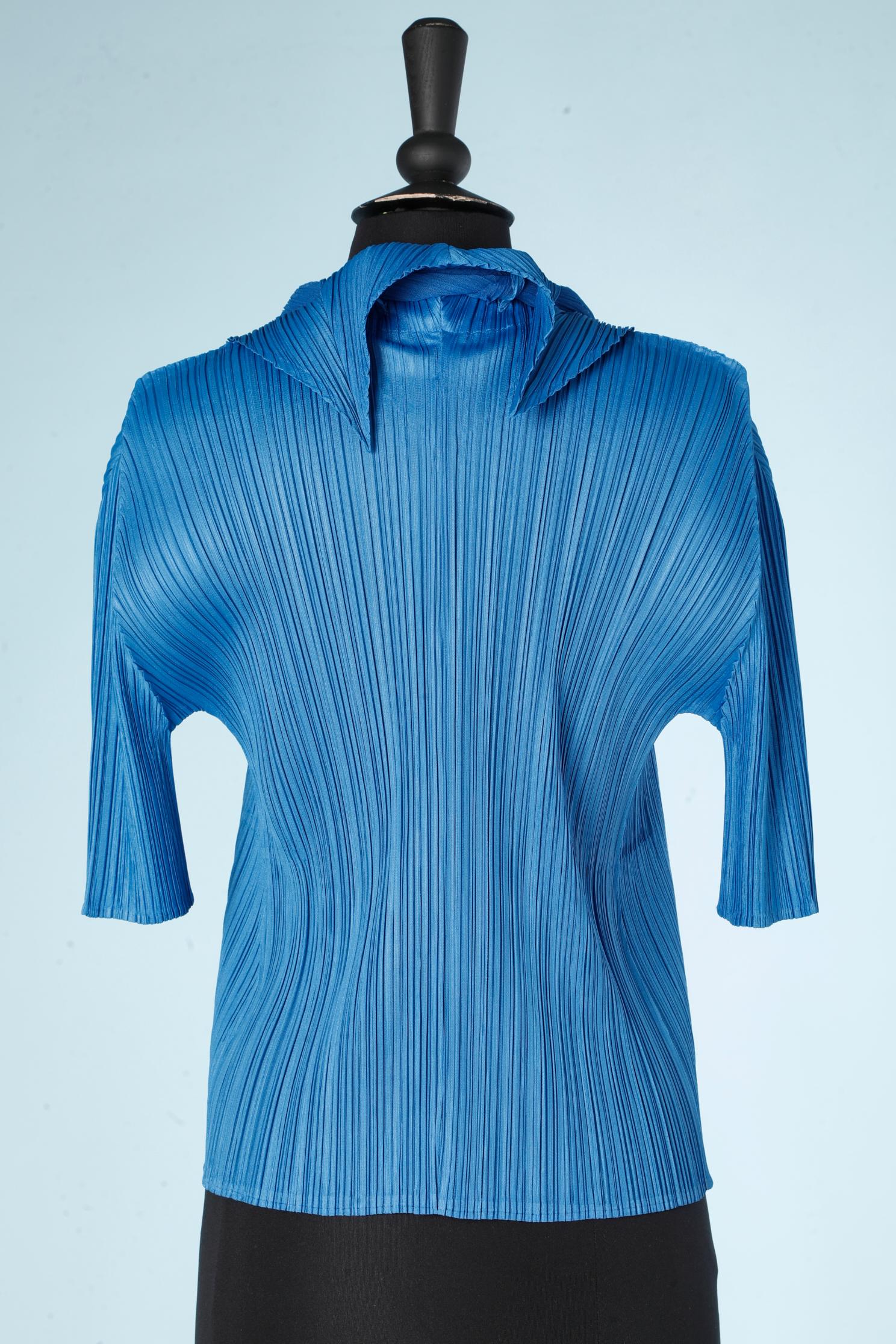 Blue pleated shirt with attached scarf Issey Miyake Pleats Please  For Sale 3