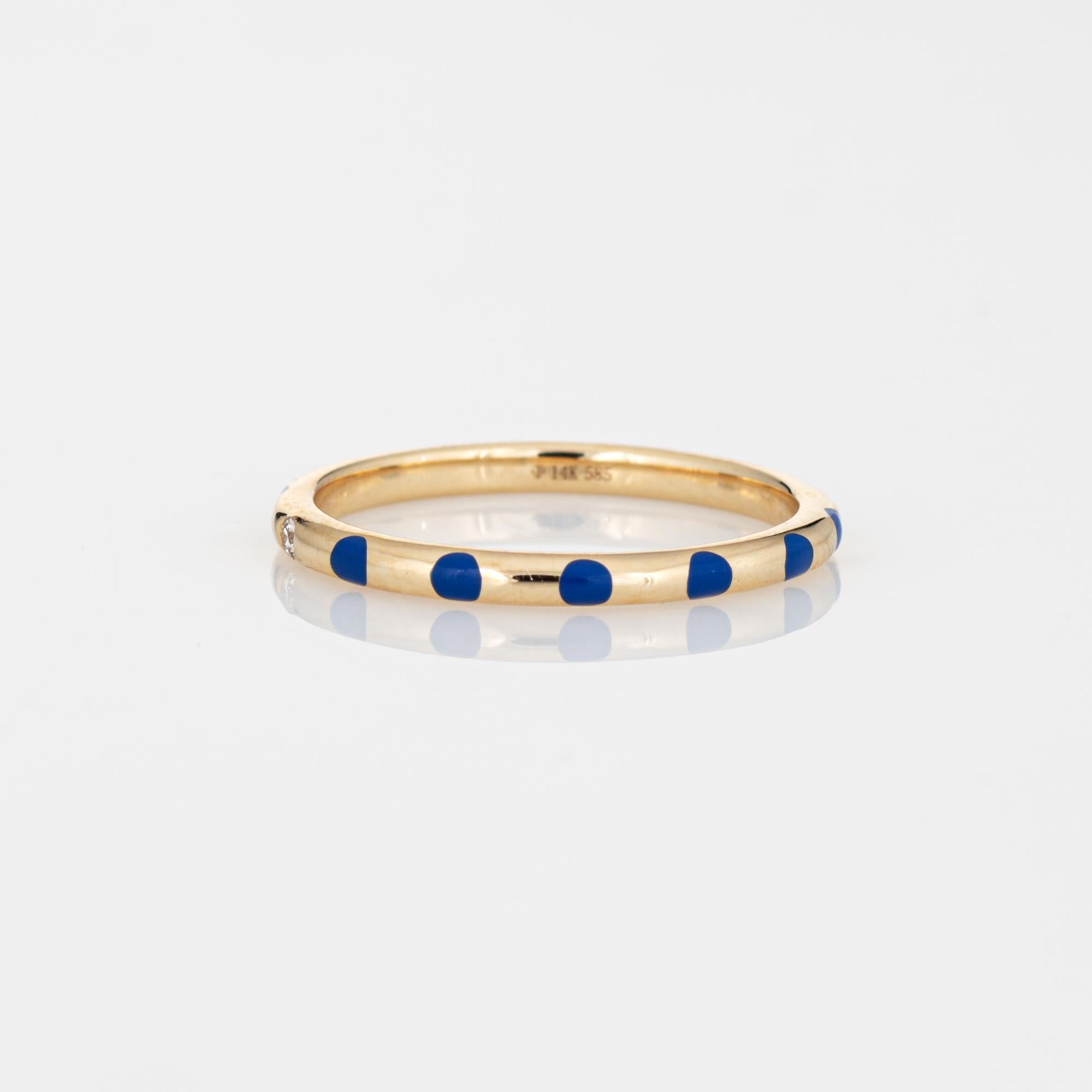 Modern Blue Polka Dot Enamel Diamond Ring Sz 6.5 14k Yellow Gold Stacking Band Jewelry For Sale