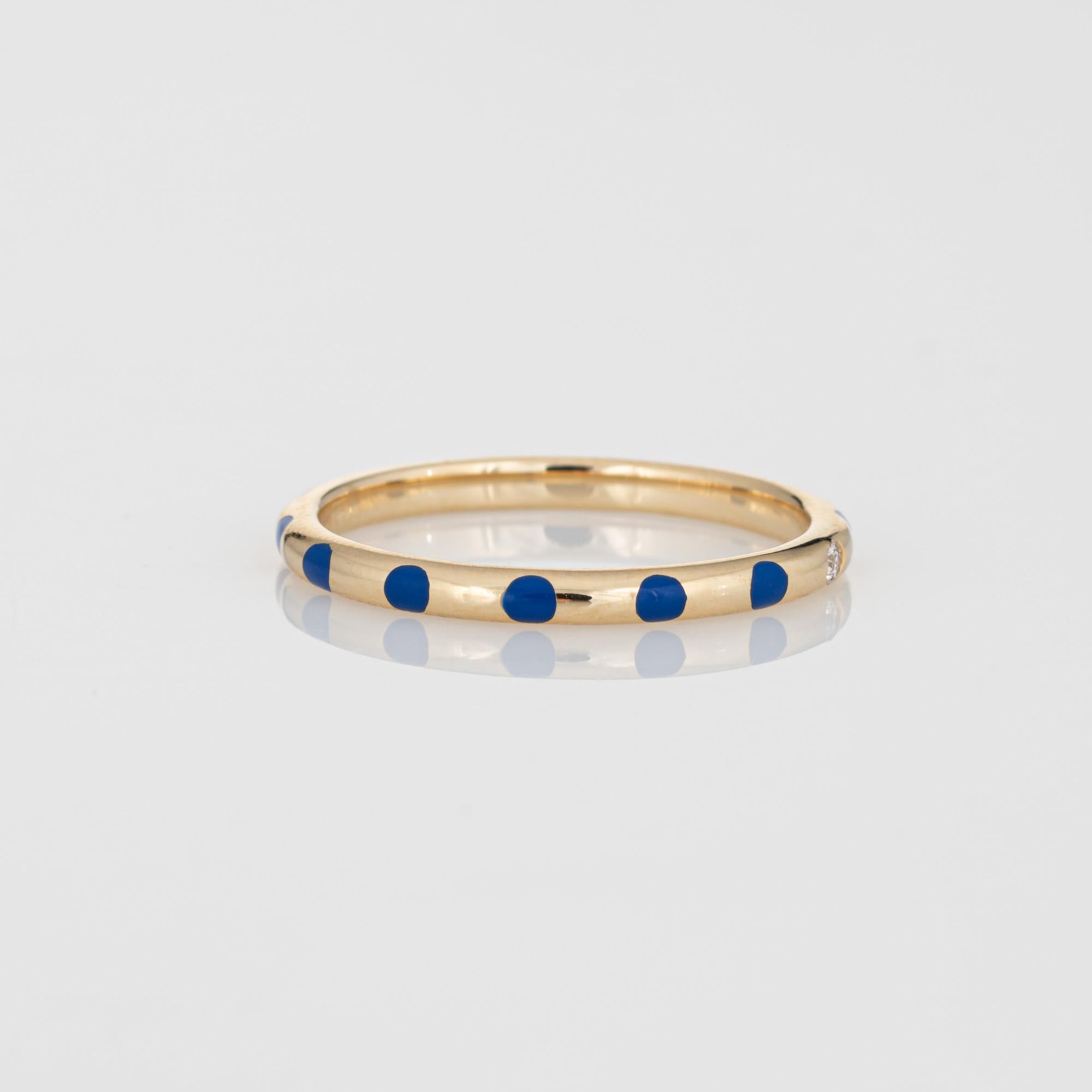 Round Cut Blue Polka Dot Enamel Diamond Ring Sz 6.5 14k Yellow Gold Stacking Band Jewelry For Sale