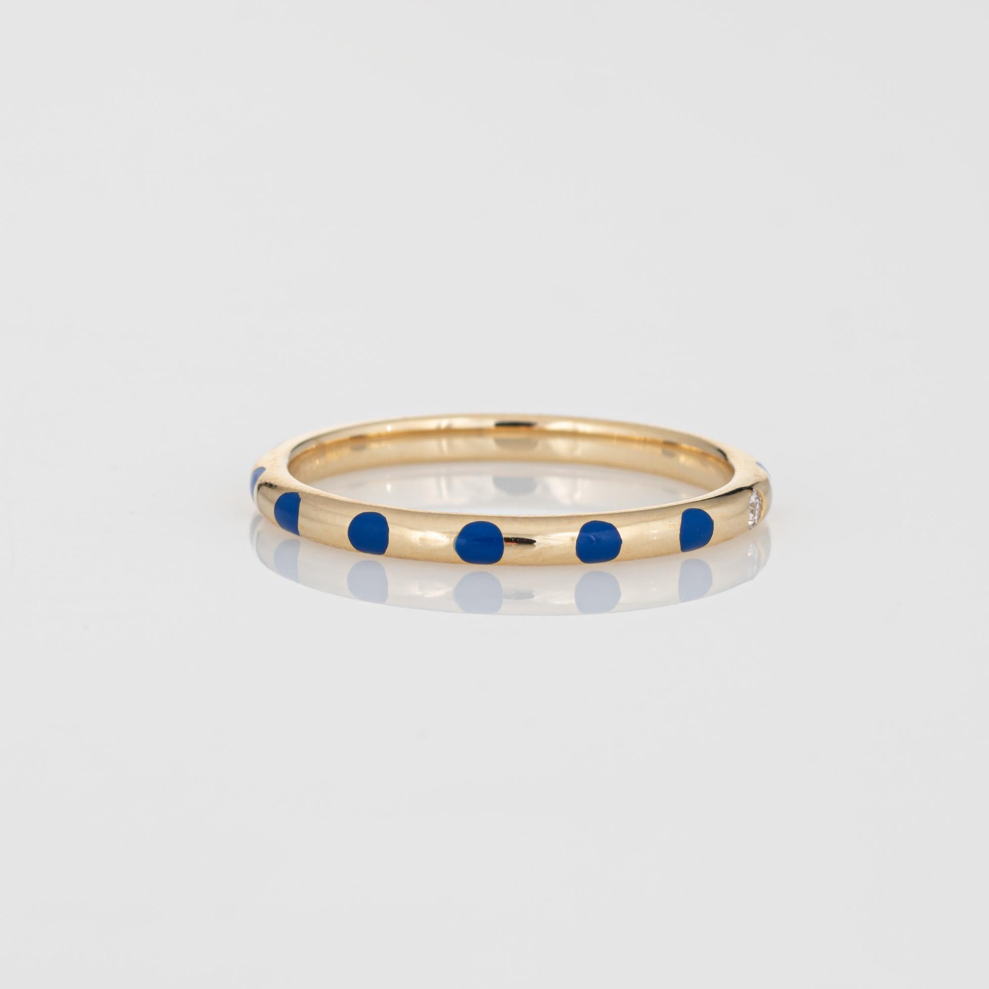 Taille ronde Blue Polka Dot Enamel Diamond Ring Sz 6.5 14k Yellow Gold Stacking Band Jewelry en vente