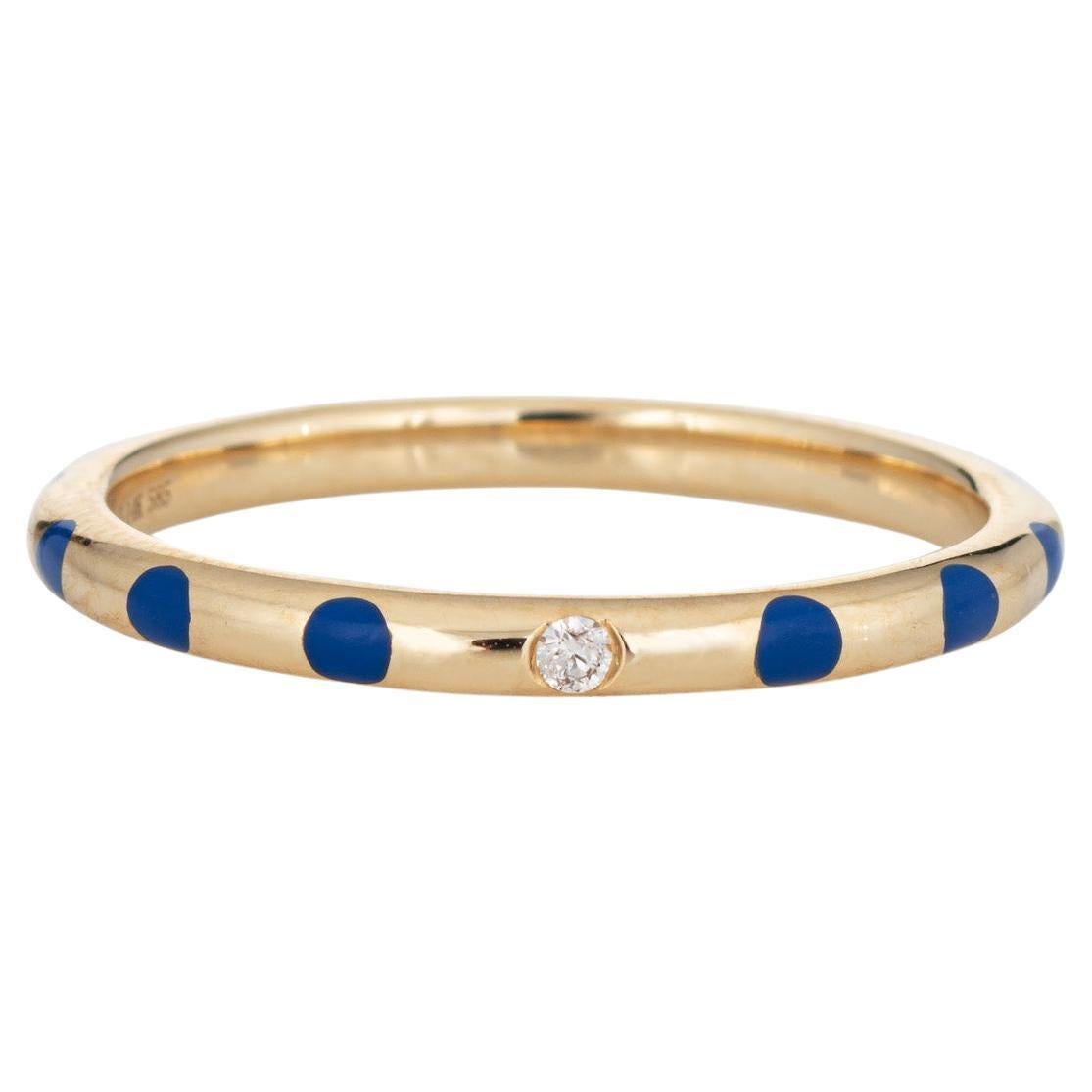 Blue Polka Dot Enamel Diamond Ring Sz 6.5 14k Yellow Gold Stacking Band Jewelry For Sale