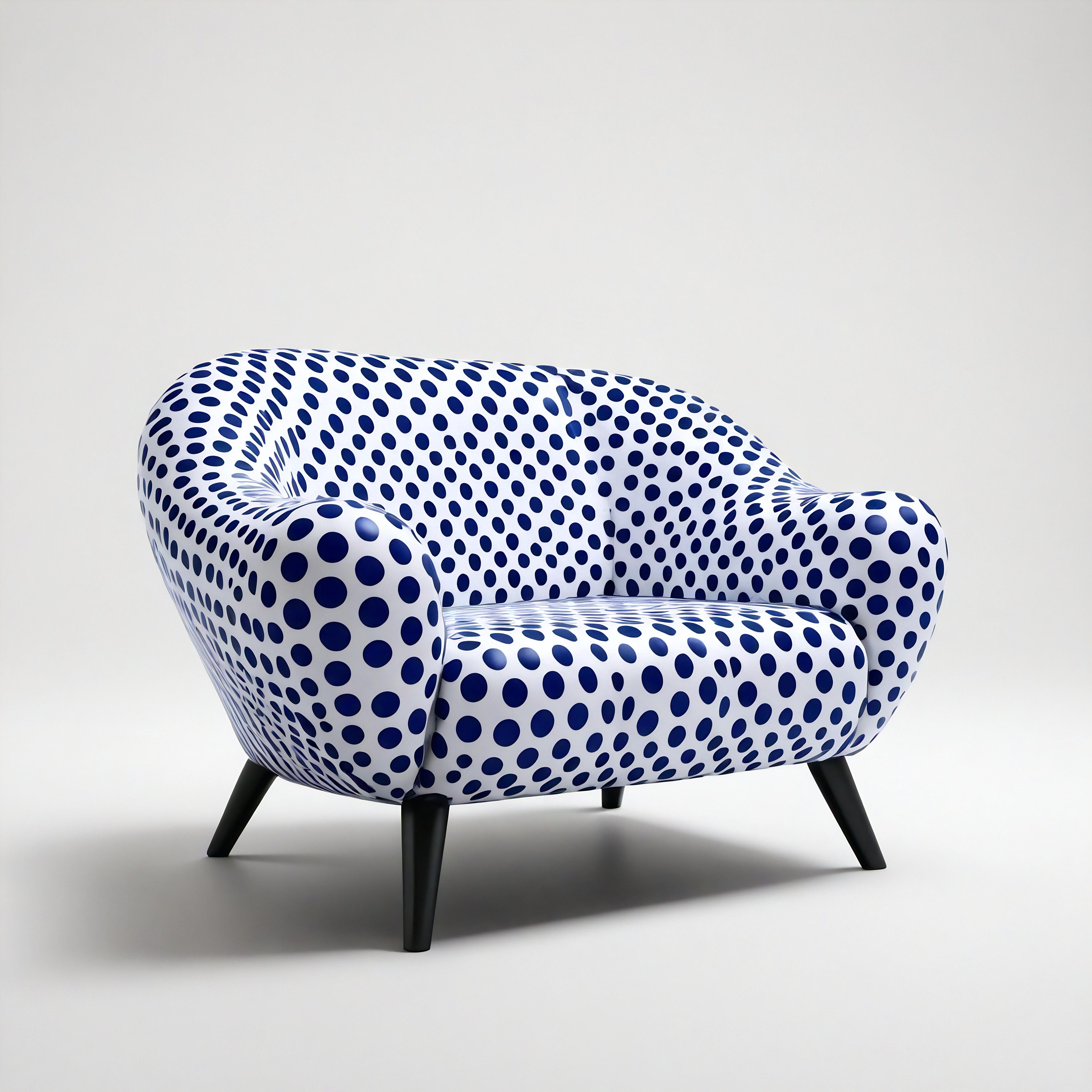 Introducing our Yayoi Kusama-inspired lounge chair, a unique fusion of contemporary design and traditional craftsmanship. This striking white chair is adorned with playful blue polka dots, capturing the essence of Kusama's iconic style. With soft,