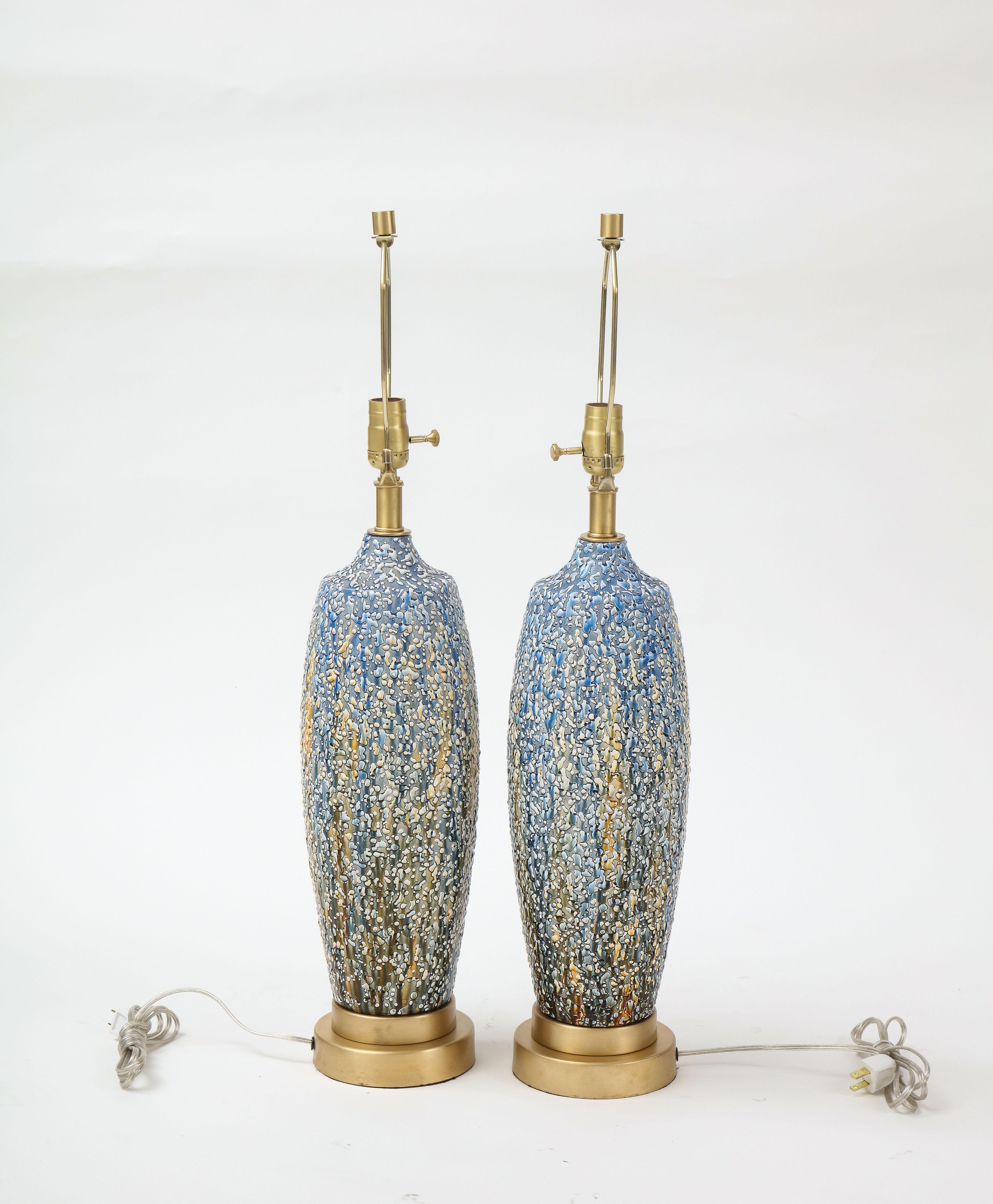 Mid-Century Modern Blue, Polychrome Bubble Glazed Porcelain Lamps
