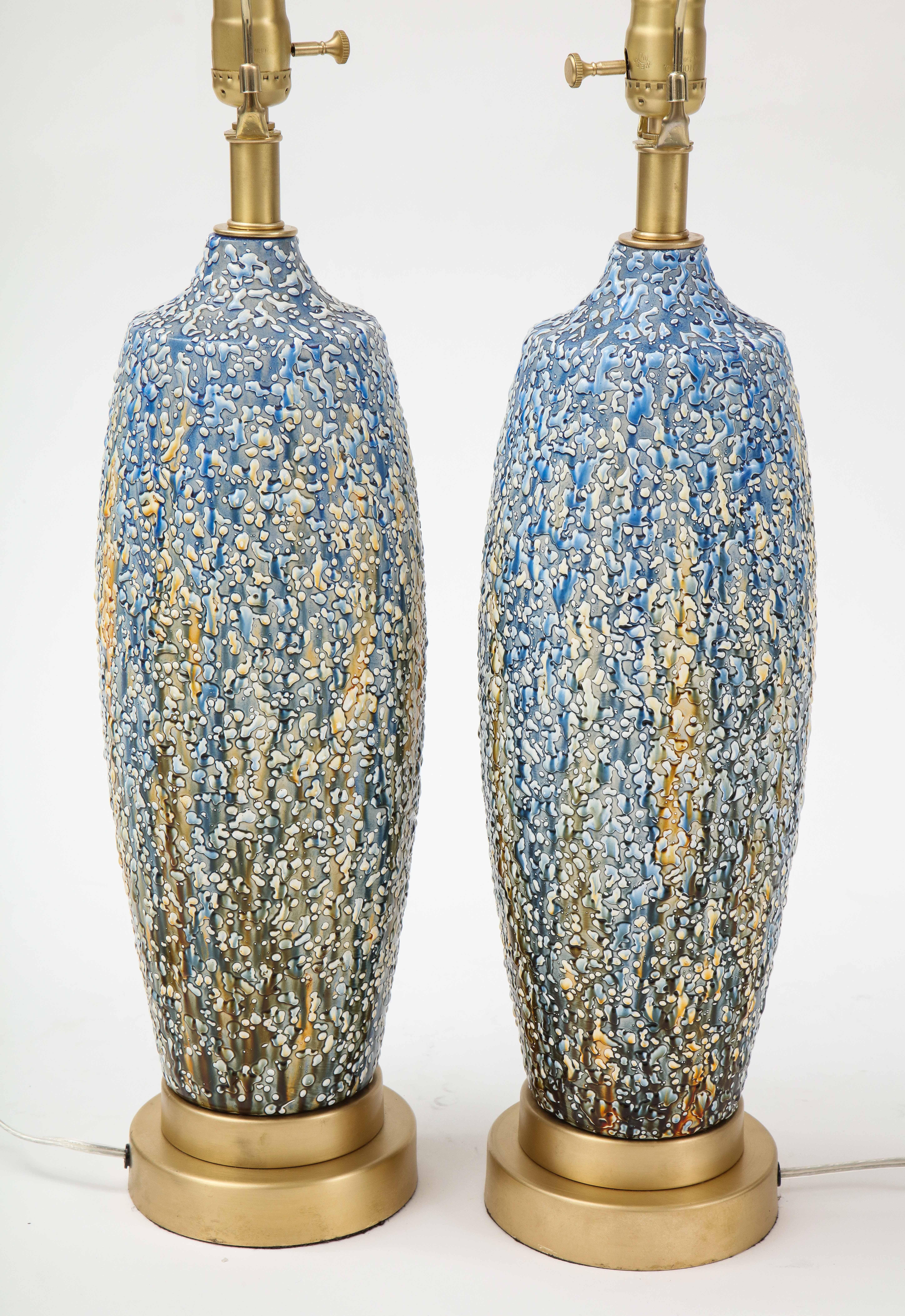 Blue, Polychrome Bubble Glazed Porcelain Lamps In Good Condition In New York, NY