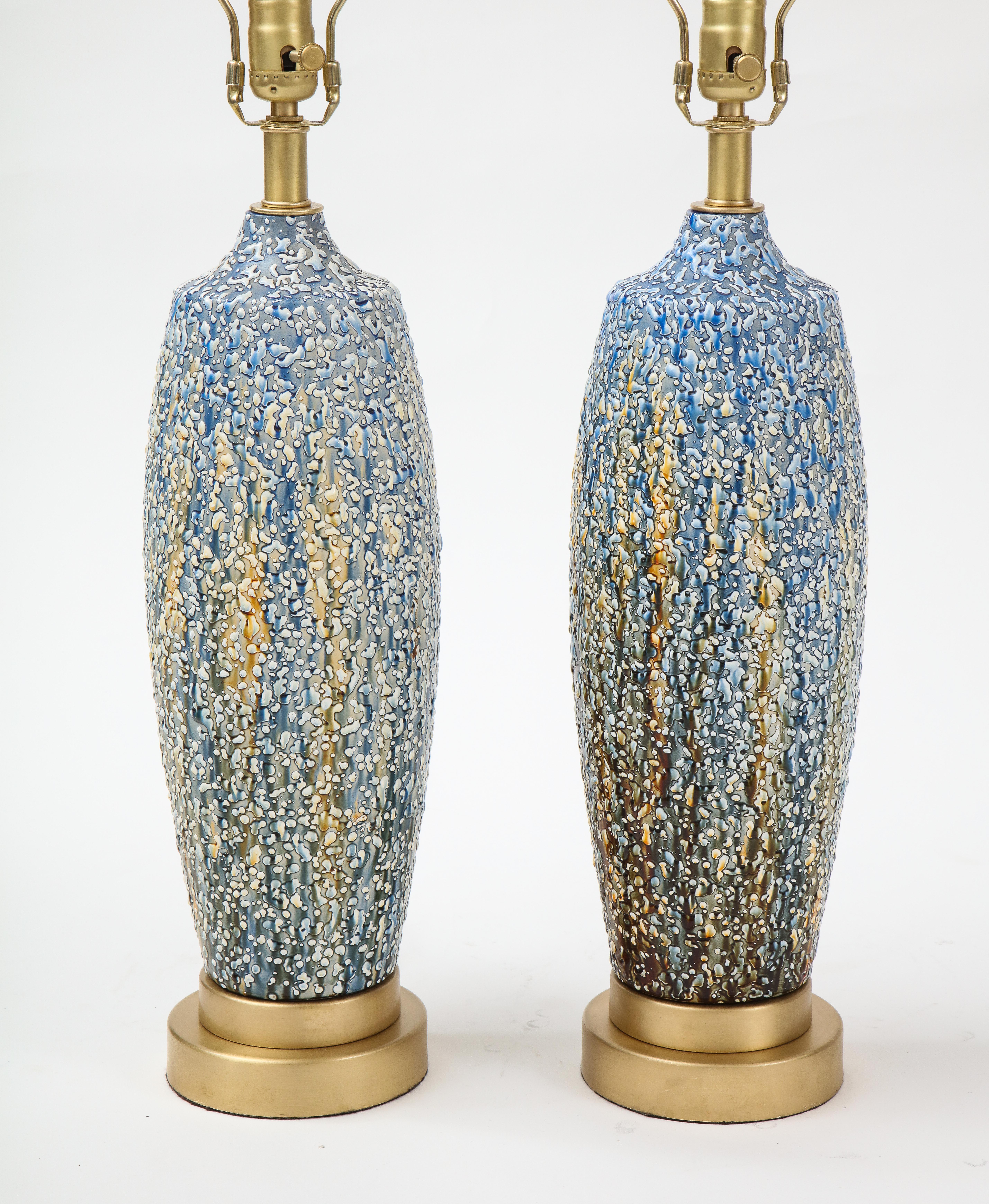 20th Century Blue, Polychrome Bubble Glazed Porcelain Lamps