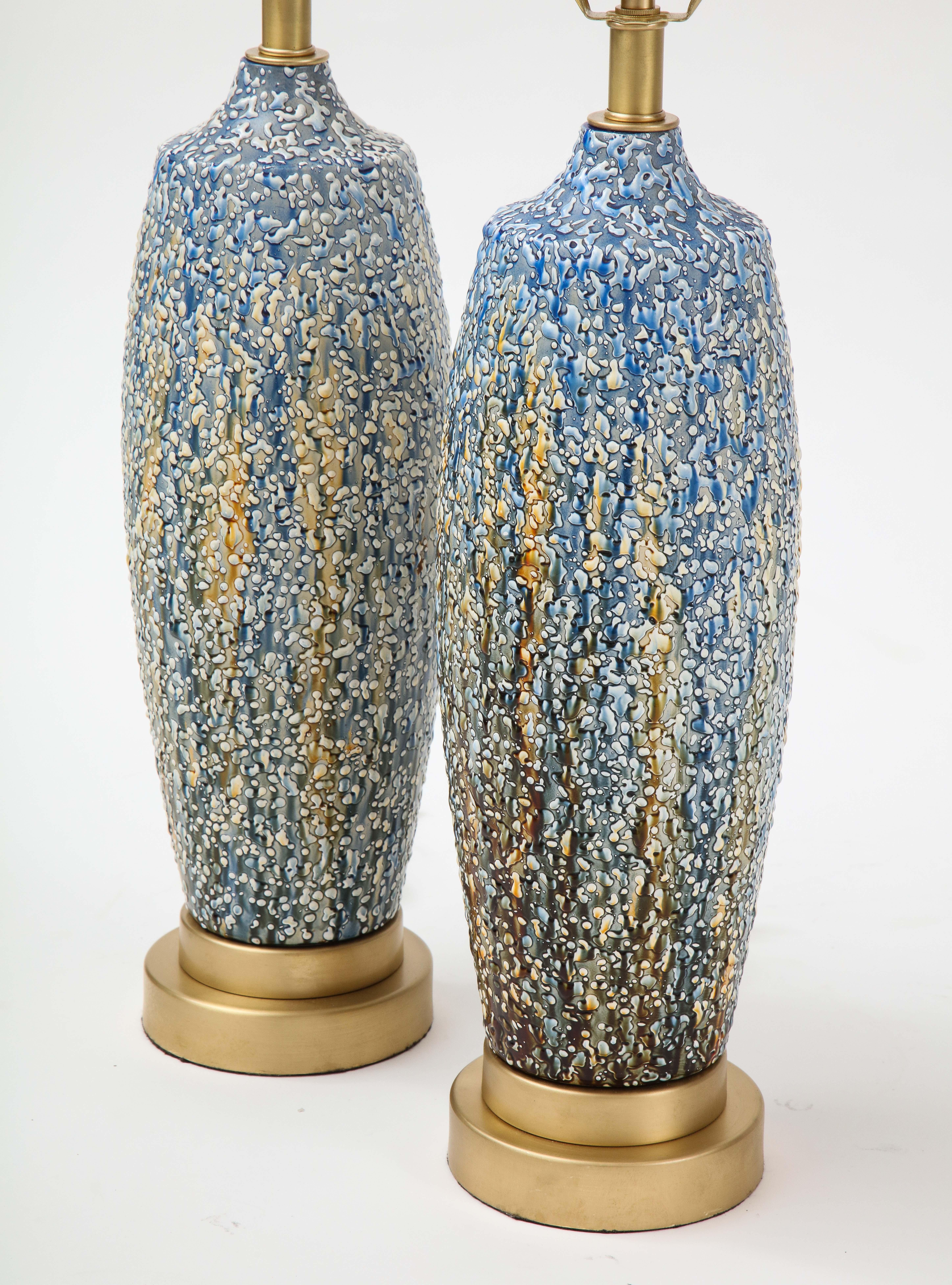Brass Blue, Polychrome Bubble Glazed Porcelain Lamps