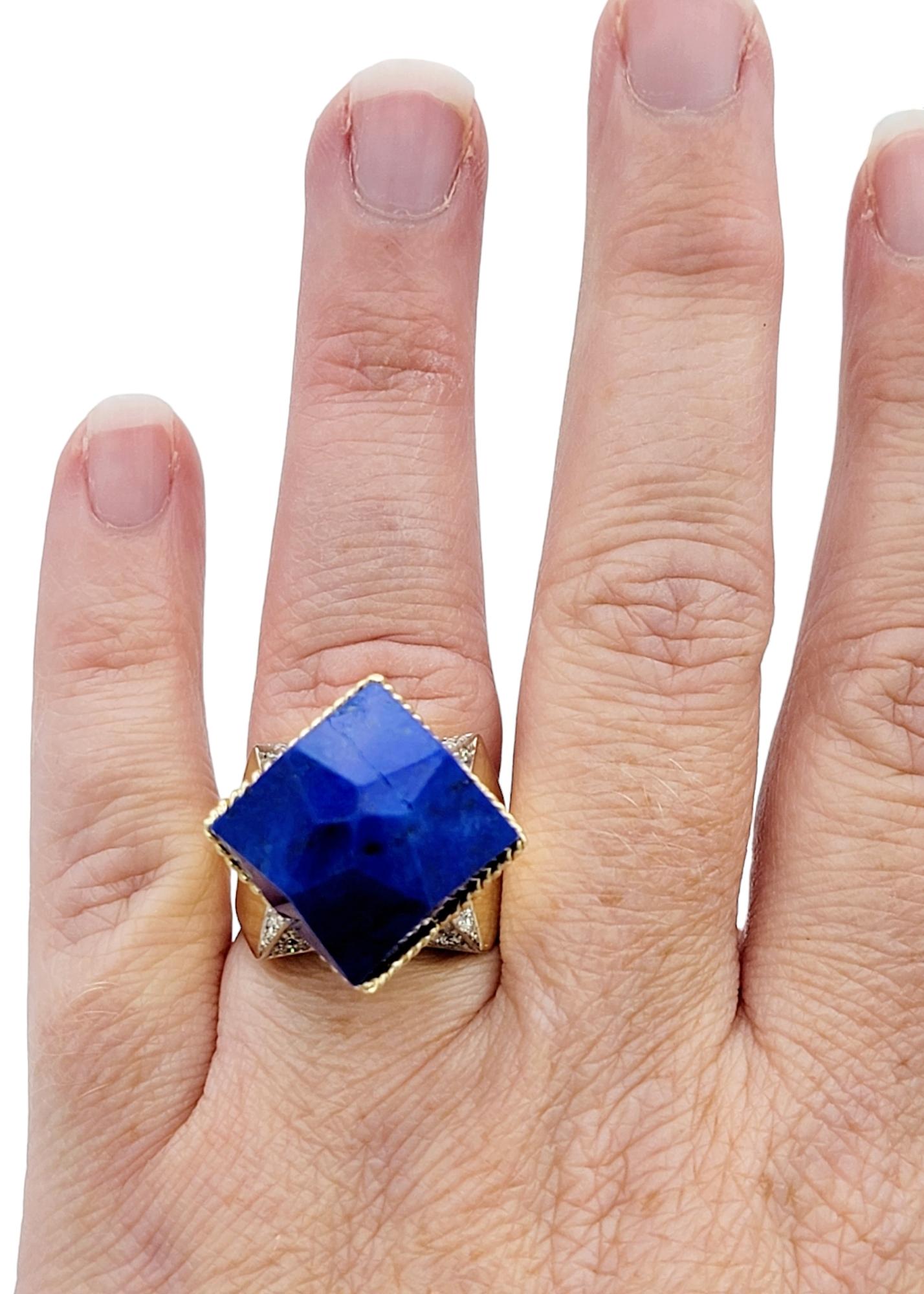Blue Polygon Lapis Lazuli and Diamond Cocktail Ring Set in 18 Karat Yellow Gold For Sale 4