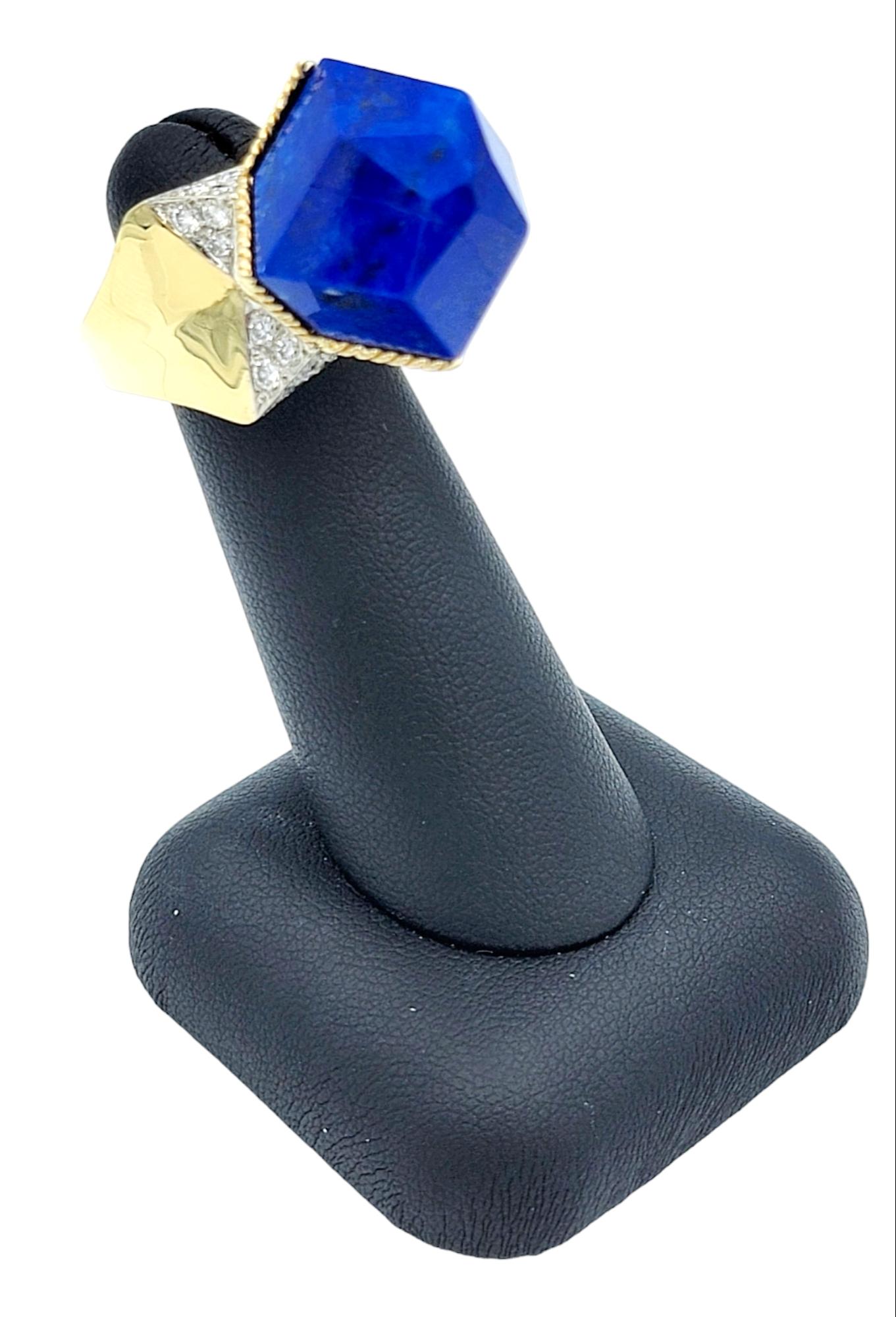 Blue Polygon Lapis Lazuli and Diamond Cocktail Ring Set in 18 Karat Yellow Gold For Sale 6